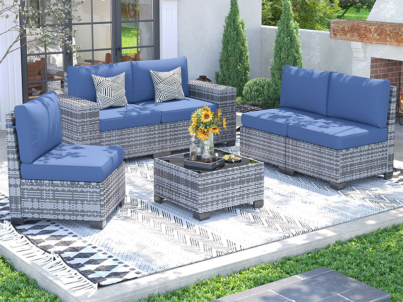 UDPATIO Patio Furniture Set, 8'' Wide Armrest Modular Rattan Outdoor Sectional  Sofa Set, 6 Pieces Wicker Patio Conversation Sets for Backyard,Deck w/ 4'' Cushions,Cover,Coffee Table