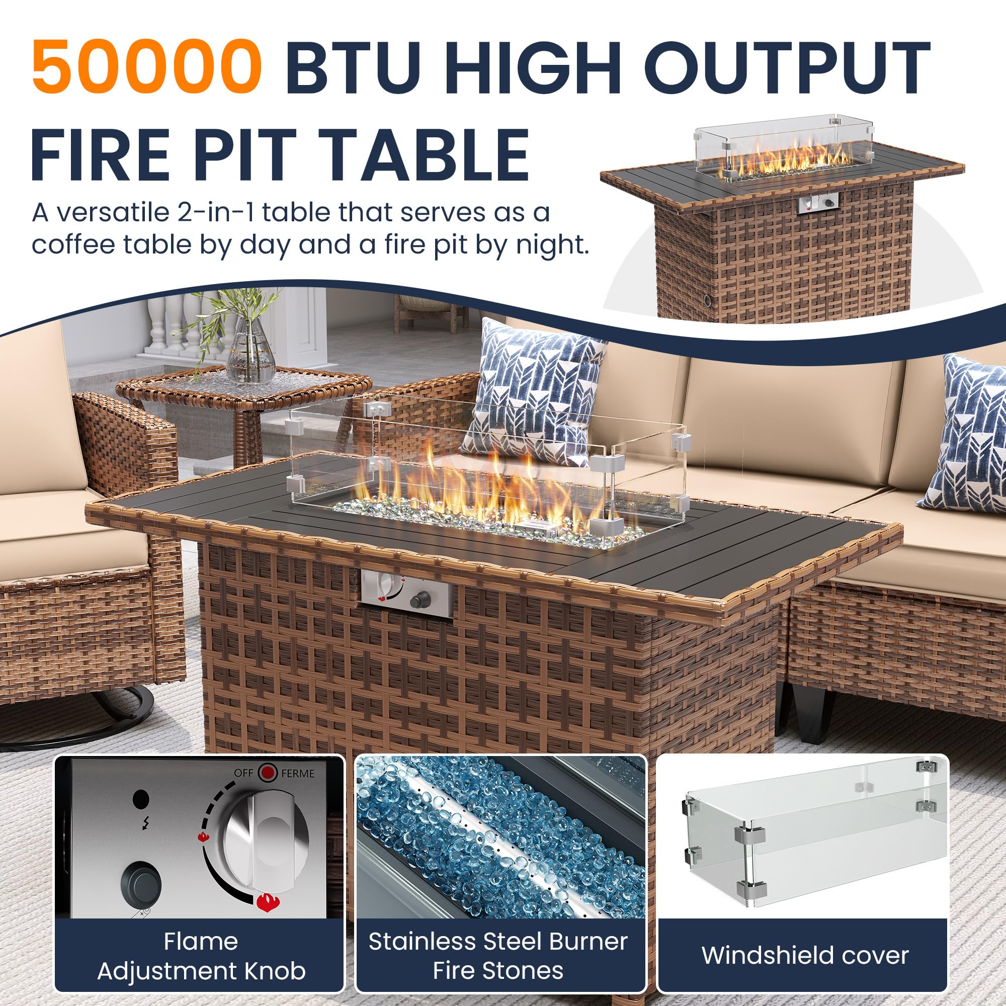 UDPATIO Aluminum Patio Furniture Set with Fire Pit Table, 7Seats Aluminum Outdoor Furniture Set with Water-Proof Cover Included,Cushions