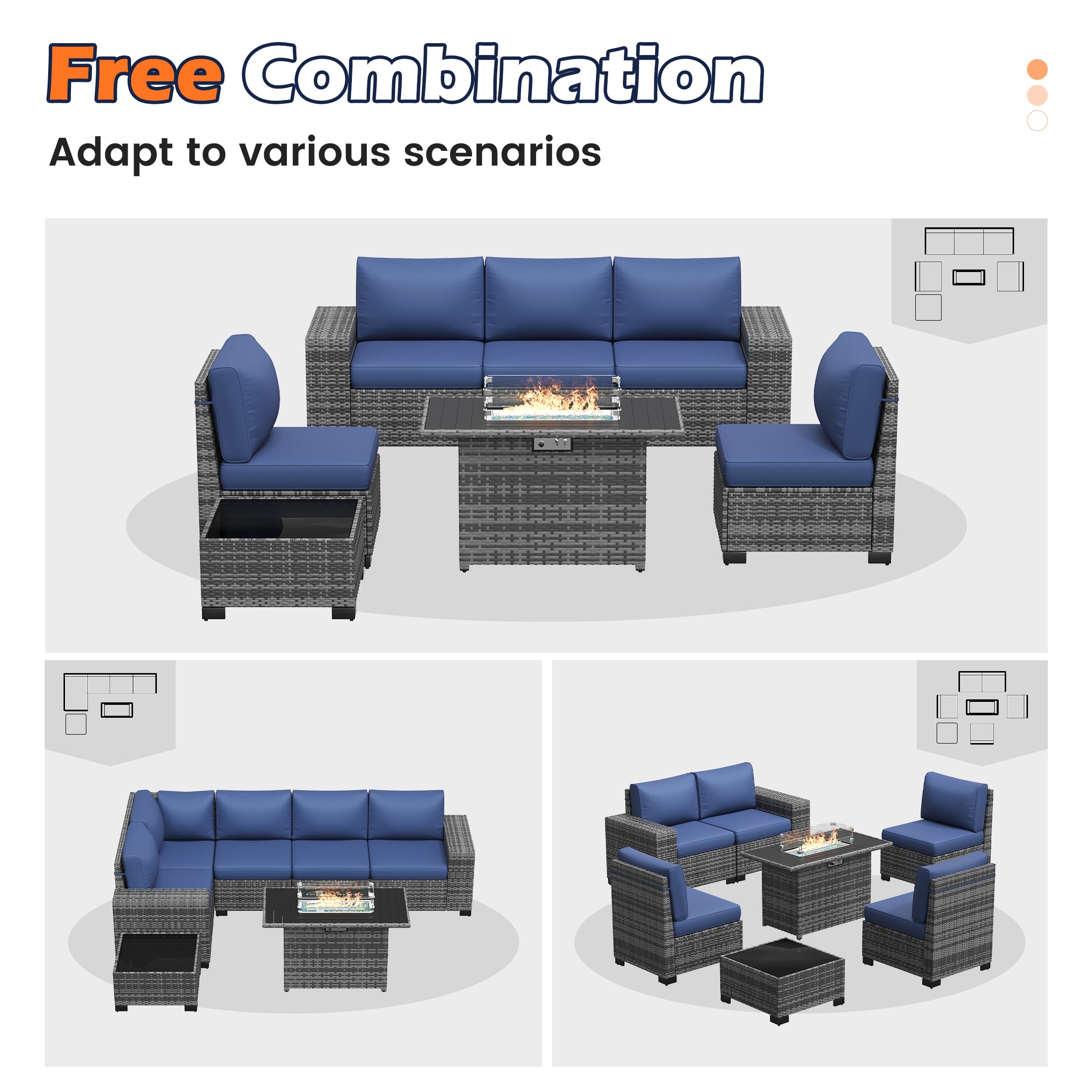 UDPATIO Patio Furniture Set with Fire Pit Table, Outdoor Patio Sofa Set With Wide Armrest, All-Weather Wicker Rattan Guest Set With Cushion And Glass Table And Waterproof Cover, Grey&Navy Blue
