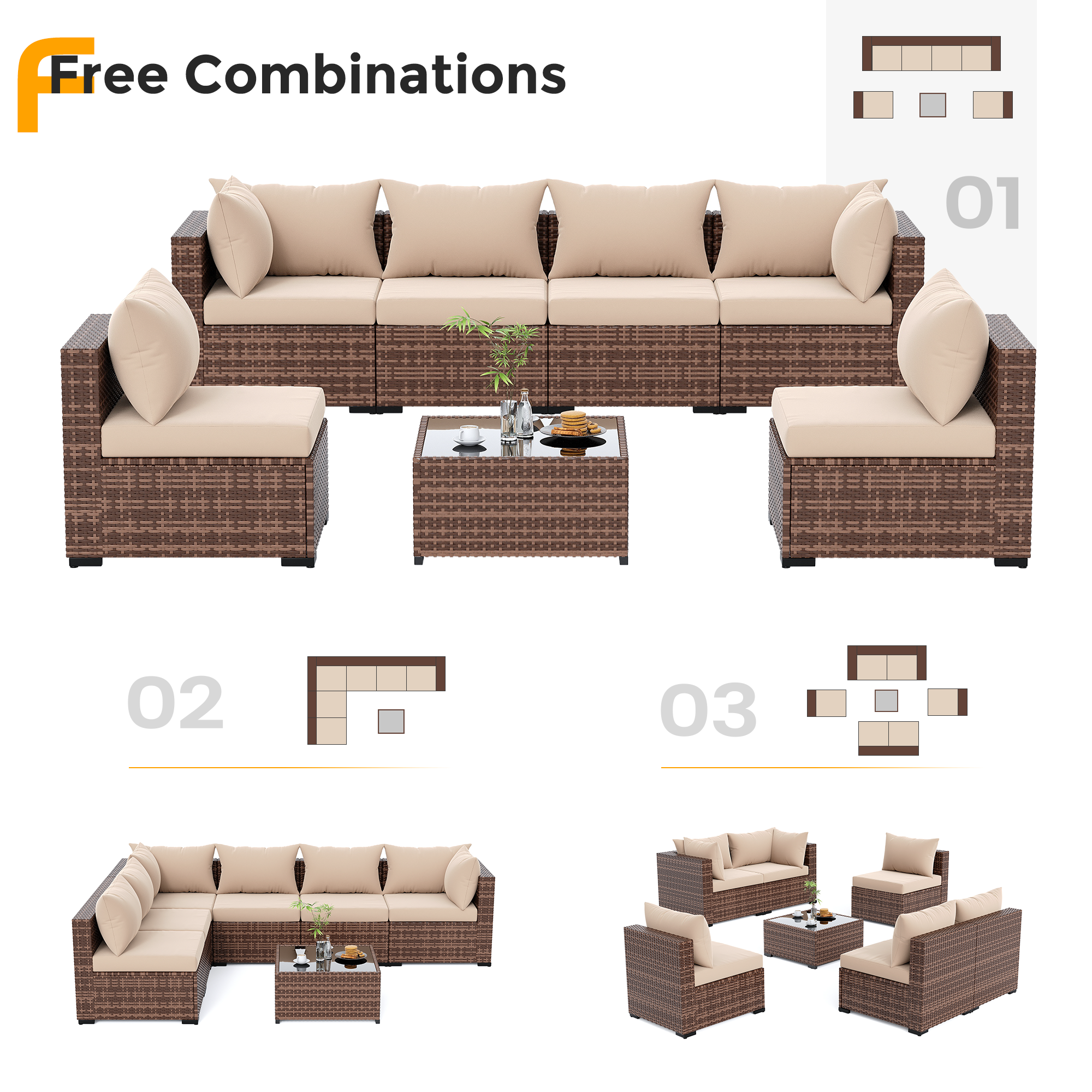 UDPATIO Patio Furniture Set, Outdoor Sectional Sofas with Wicker Coffee Table, Outdoor Patio Conversation Set for Garden, Backyard Dark Grey