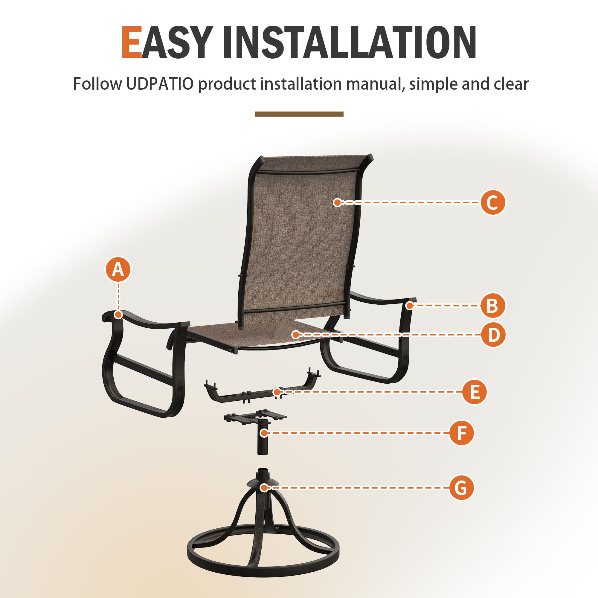 UDPATIO Patio Swivel Chairs Set of 4, Outdoor Patio Dining Chairs with All Weather Textilene Black Metal Frame for Lawn Garden Backyard, Brown