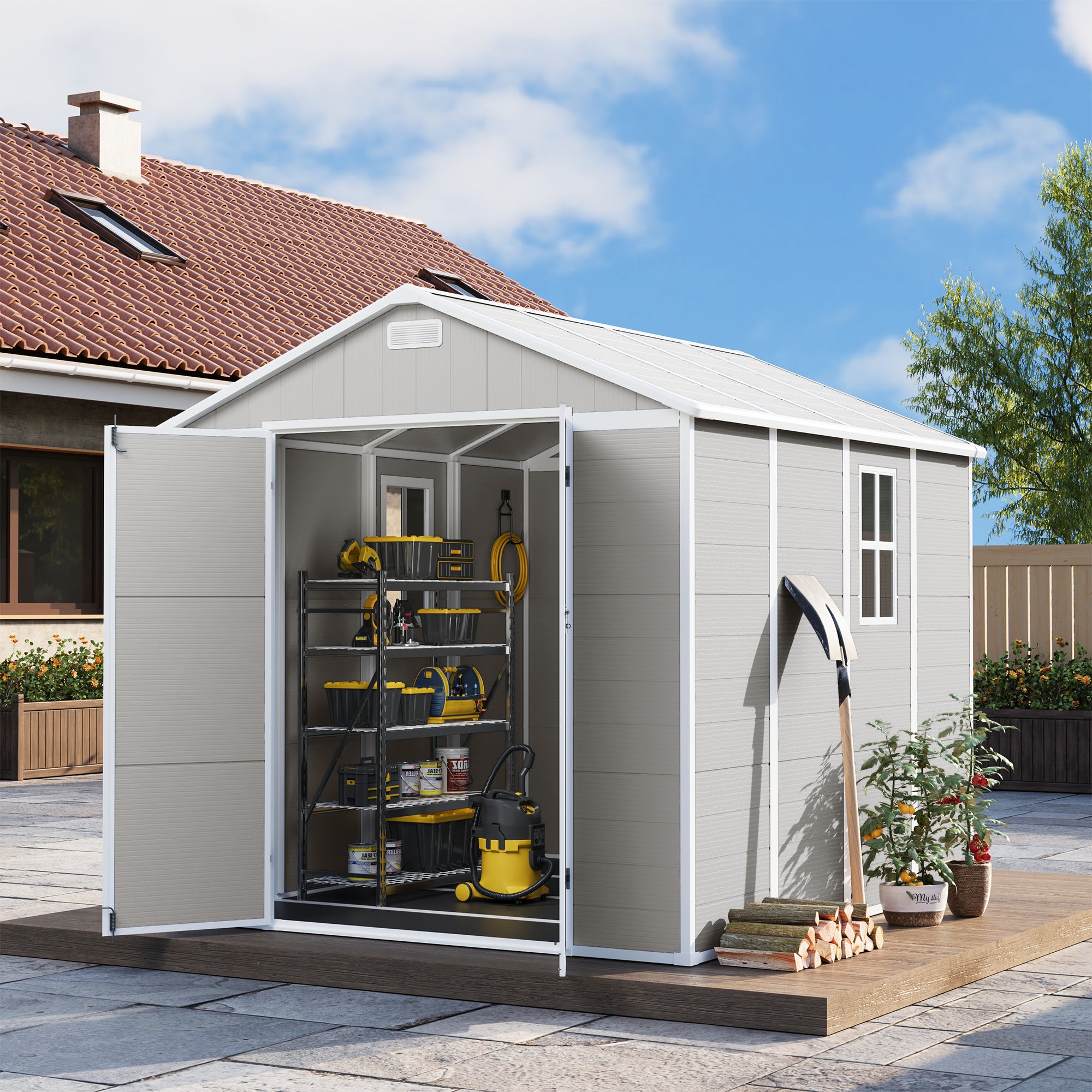 UDPATIO Resin Storage Shed 8 x 8 FT, Outdoor Garden Sheds with Floor Plastic Patio Outdoor Storage Shed with Lockable Door, Sandstone