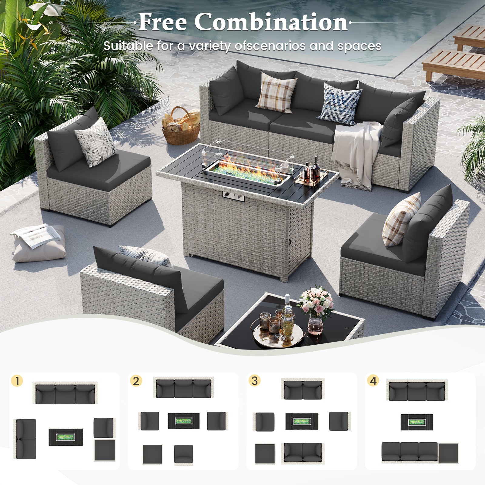 UDPATIO Patio Furniture Set with Fire Pit Table, 8 Pieces Outdoor Sectional Sofa, PE Wicker Patio Conversation Set for Garden, Backyard Green