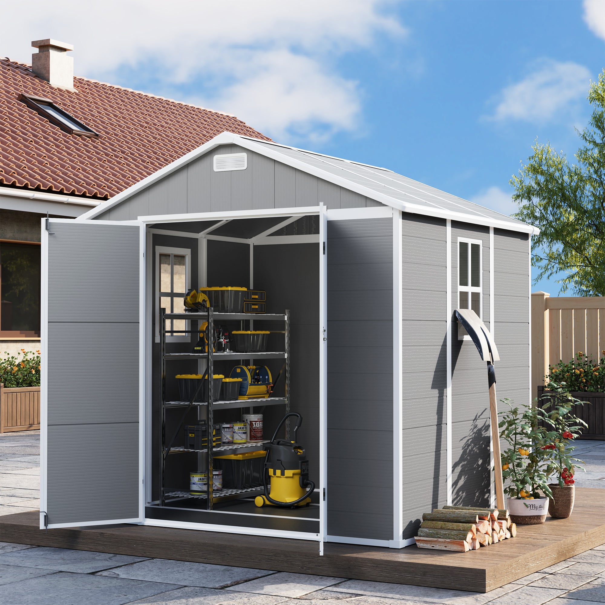 UDPATIO Resin Storage Shed 8 x 6 FT, Outdoor Garden Sheds with Floor Plastic Patio Outdoor Storage Shed with Lockable Door, Gray White