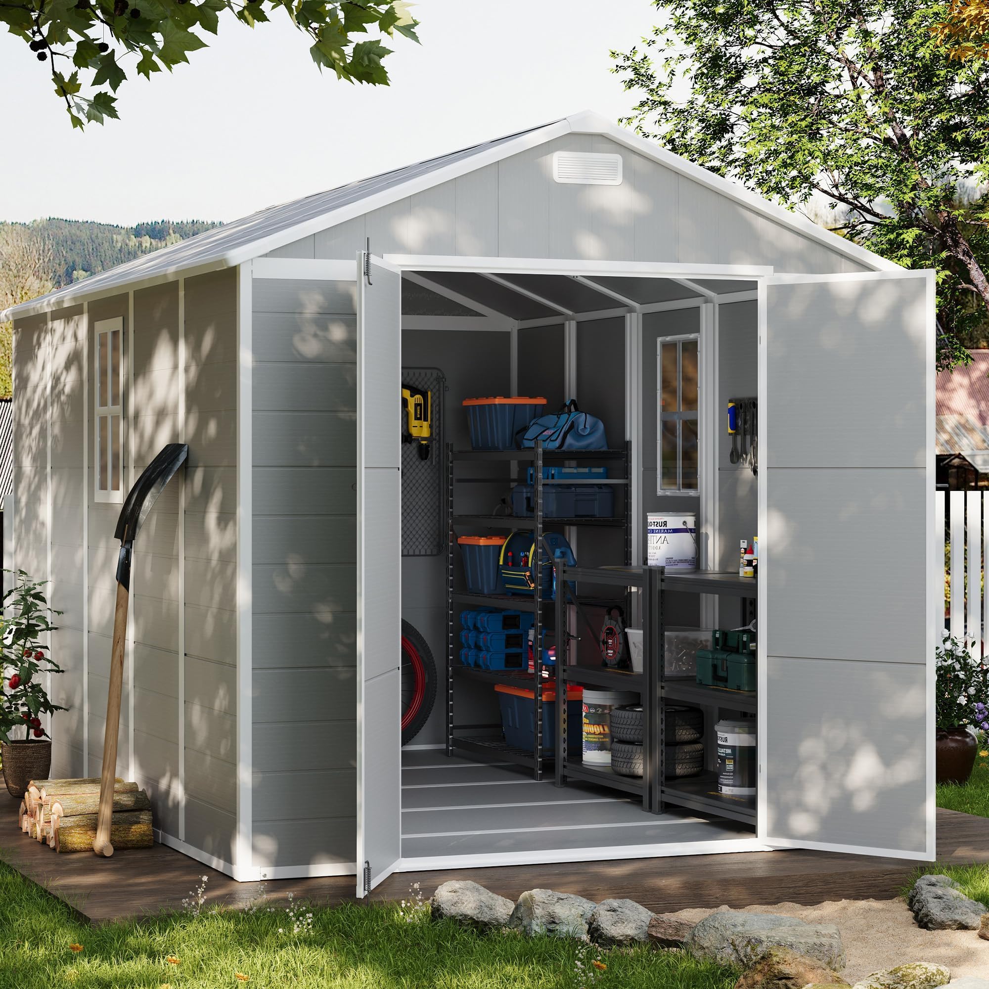 UDPATIO Storage Shed 8 x 10 FT, Resin Outdoor Garden Sheds with Floor Plastic Patio Outdoor Storage with Lockable Door for Tool, Bike, Garbage Gray White