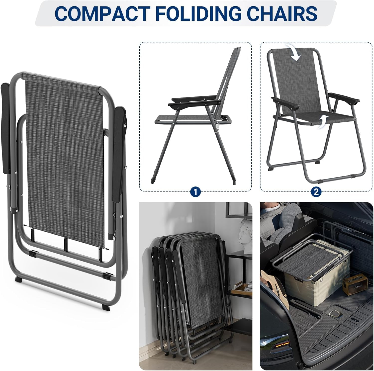 UDPATIO Folding Patio Chairs Set, Patio Dining Chairs Set of 4 and 31.5" Metal Table with 1.57" Umbrella Hole, Black