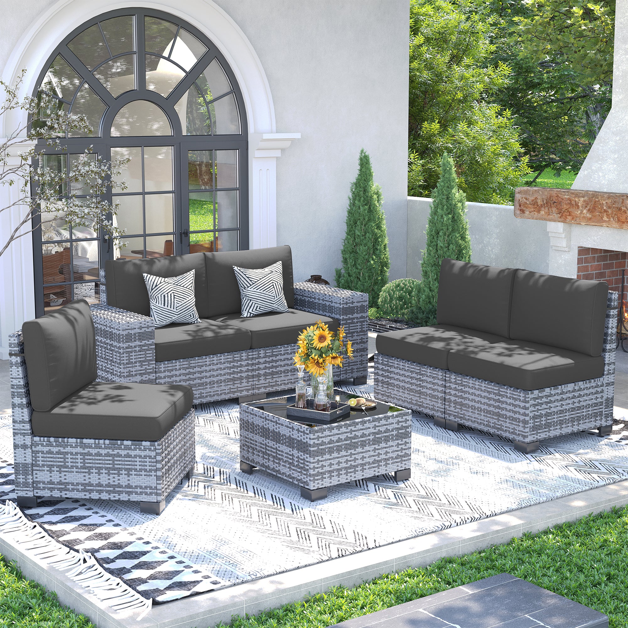 UDPATIO Patio Furniture Set, 8'' Wide Armrest Modular Rattan Outdoor Sectional  Sofa Set, 6 Pieces Wicker Patio Conversation Sets for Backyard,Deck w/ 4'' Cushions,Cover,Coffee Table