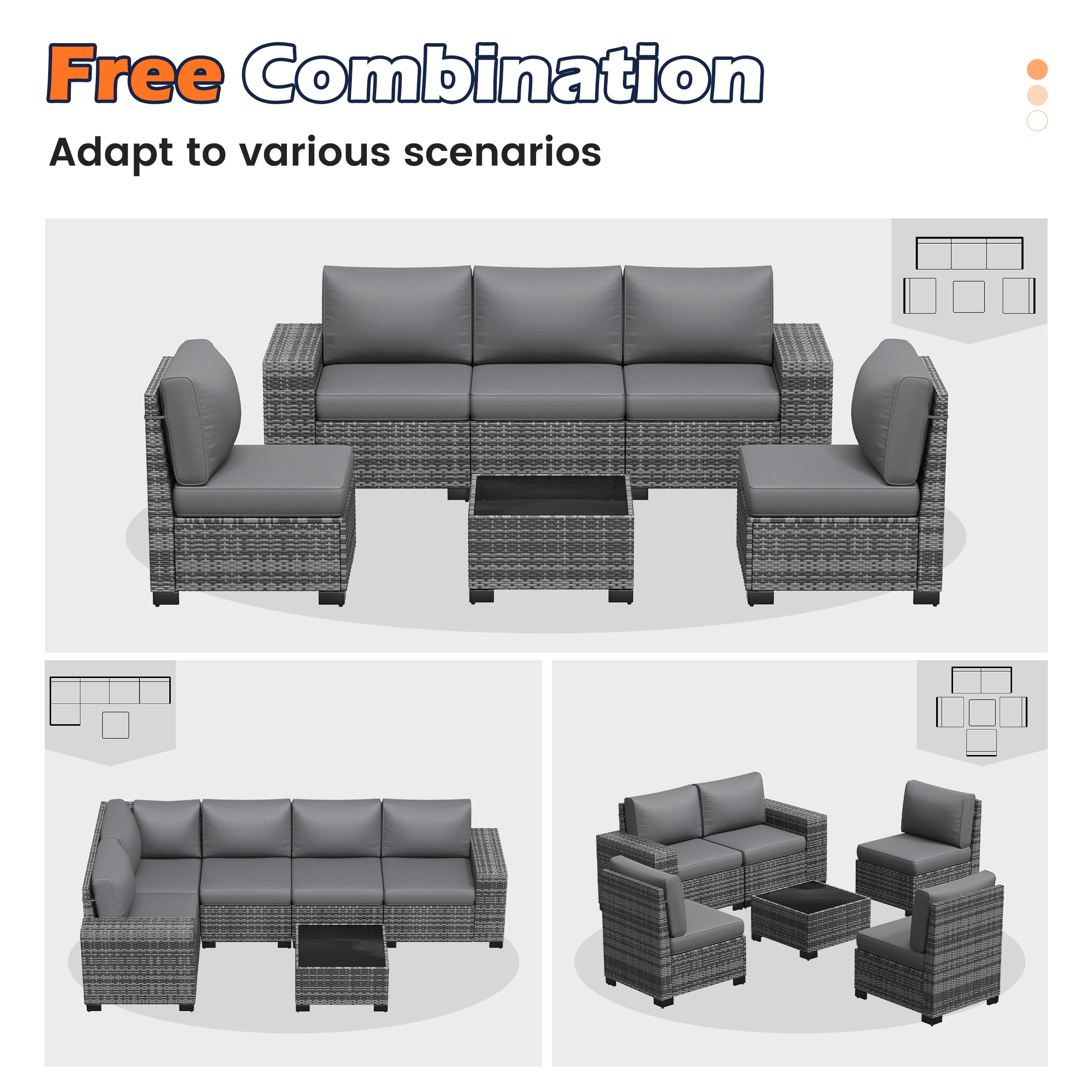 UDPATIO 6-Piece Patio Furniture Set, Outdoor Patio Sofa Set With Wide Armrest, All-Weather Wicker Rattan Guest Set With Cushion And Glass Table And Waterproof Cover, Grey & Dark Grey