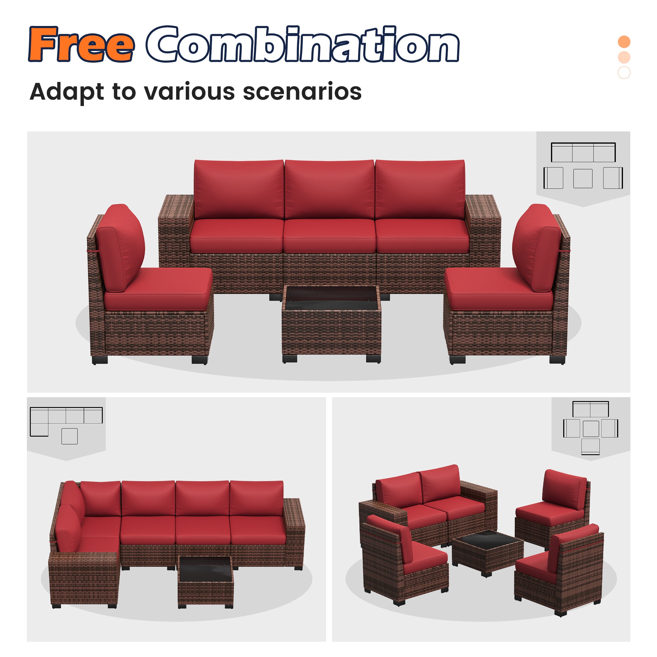 UDPATIO 6-Piece Patio Furniture Set, Outdoor Patio Sofa Set With Wide Armrest, All-Weather Wicker Rattan Guest Set With Cushion And Glass Table And Waterproof Cover,Brown & Wine Red