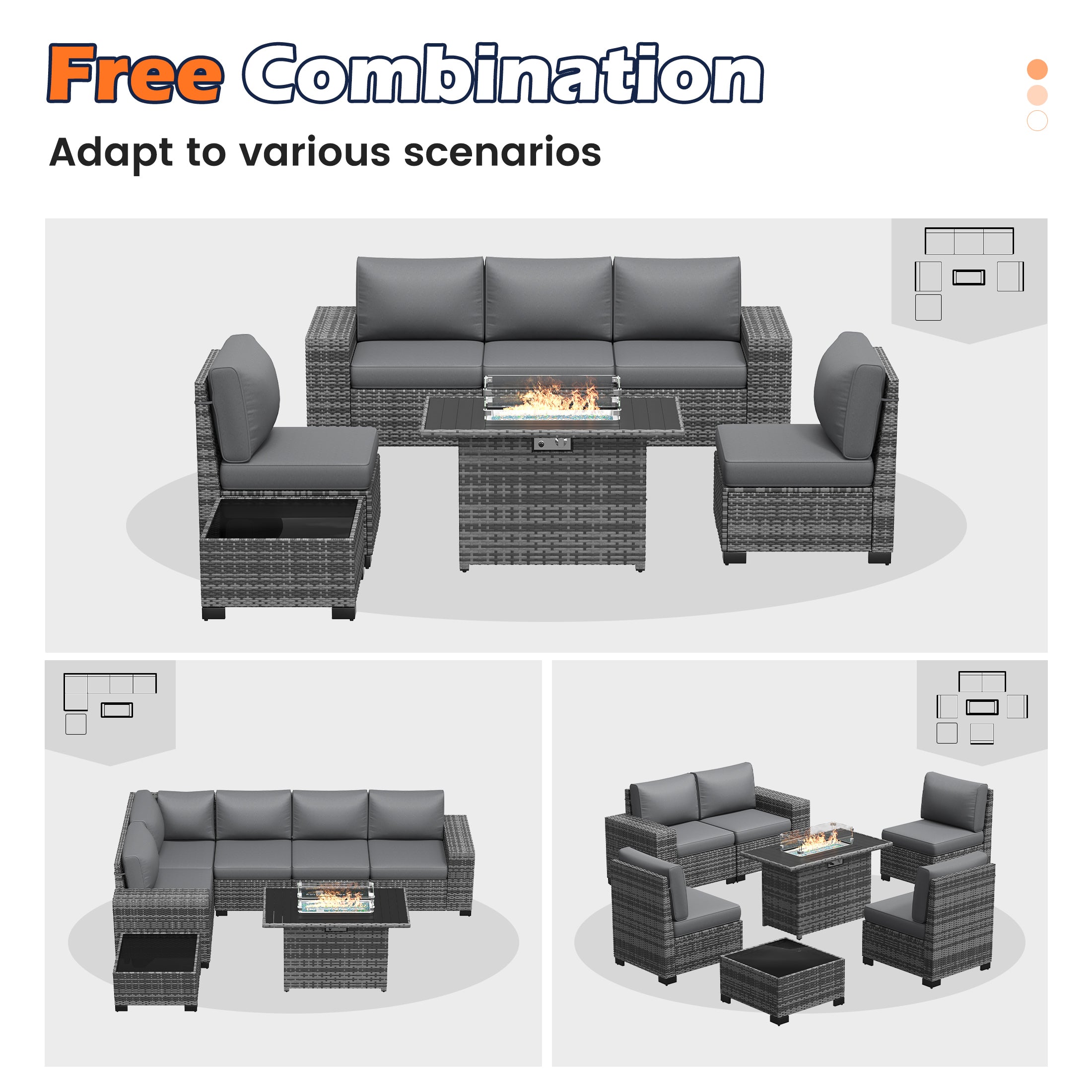 UDPATIO Patio Furniture Set with Fire Pit Table, Outdoor Patio Sofa Set With Wide Armrest, All-Weather Wicker Rattan Guest Set With Cushion And Glass Table And Waterproof Cover, Gray&Gray