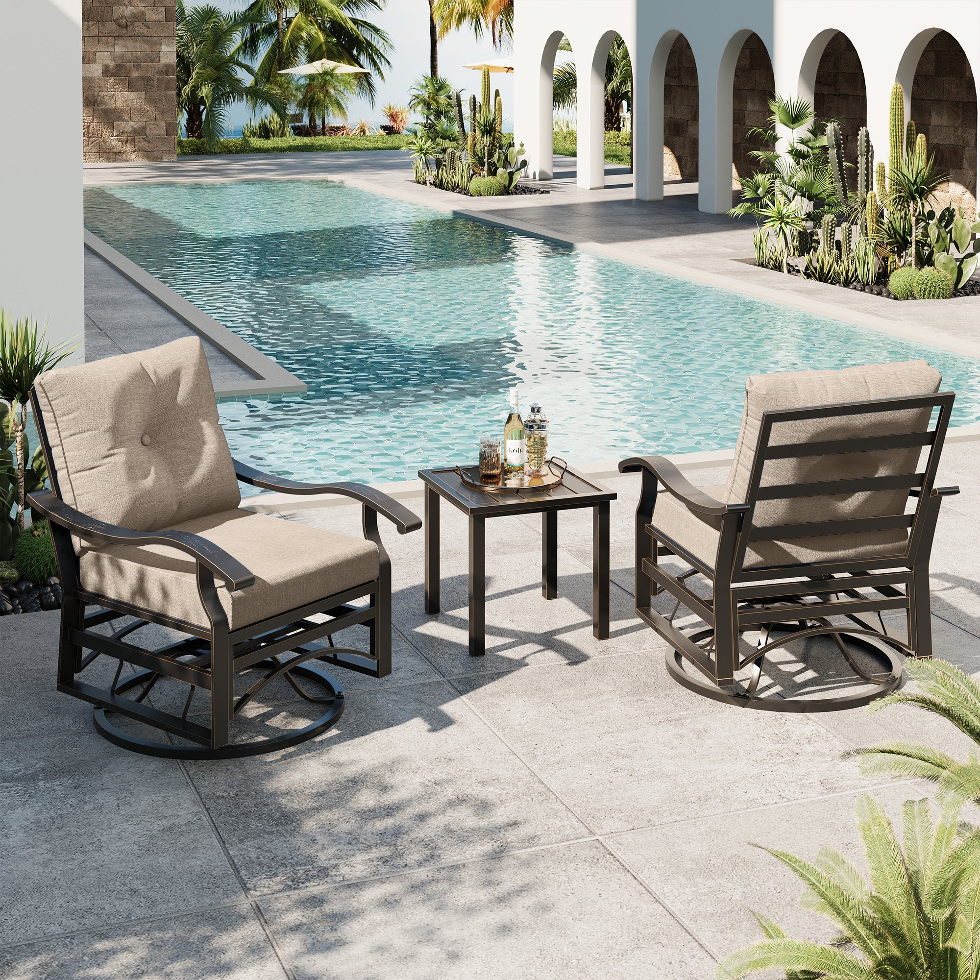 UDPATIO Outdoor Swivel Rocker Chairs, 3 Piece Metal Patio Rocking Chairs with Blue Padded Cushions Patio Bistro Furniture Set with Side Table for Porch Balcony Backyard