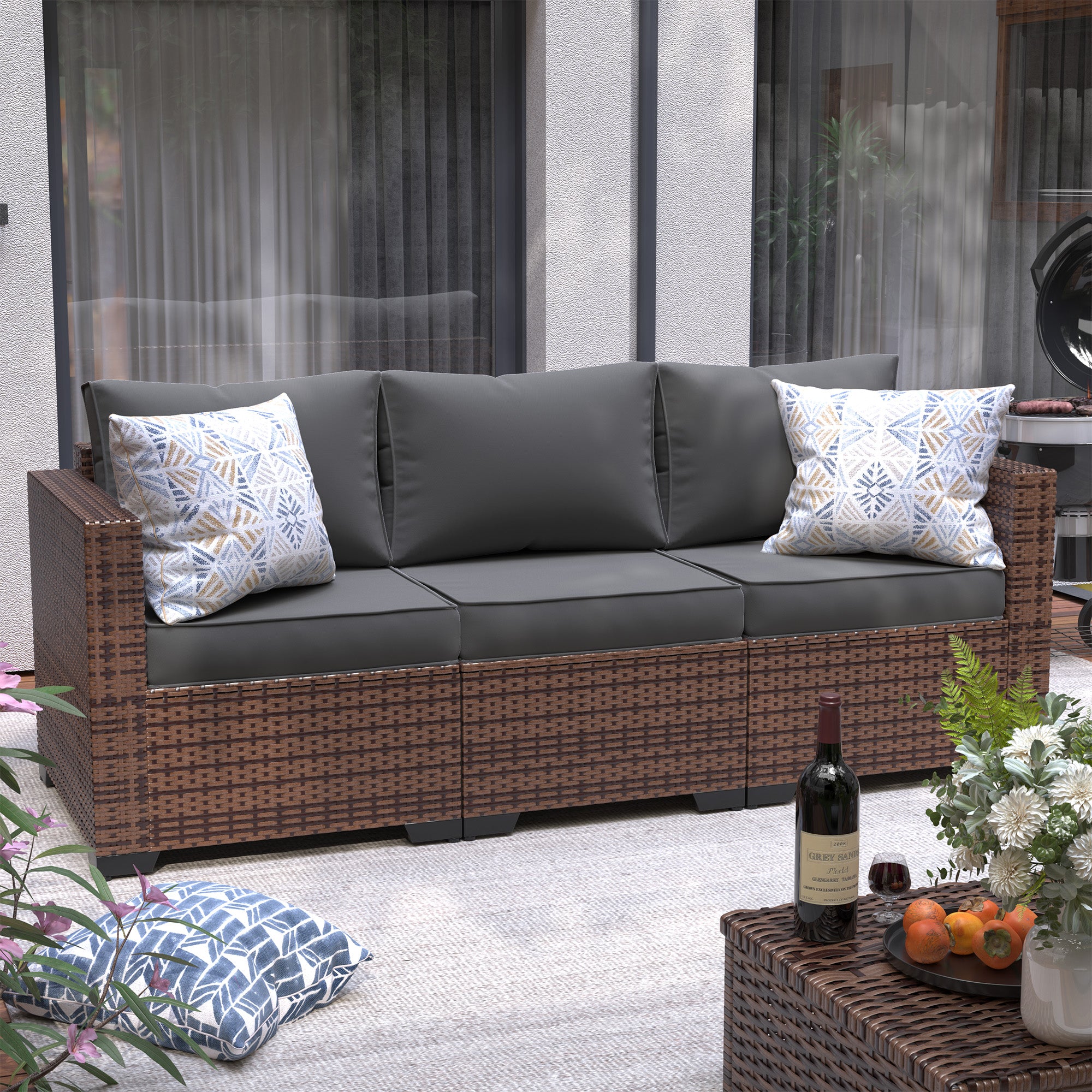 UDPATIO 3-Seat Patio Wicker Sofa, Outdoor Rattan Sectional Couch Furniture Steel Frame w/Furniture Cover Non-Slip Cushion and Deep Seating High Back