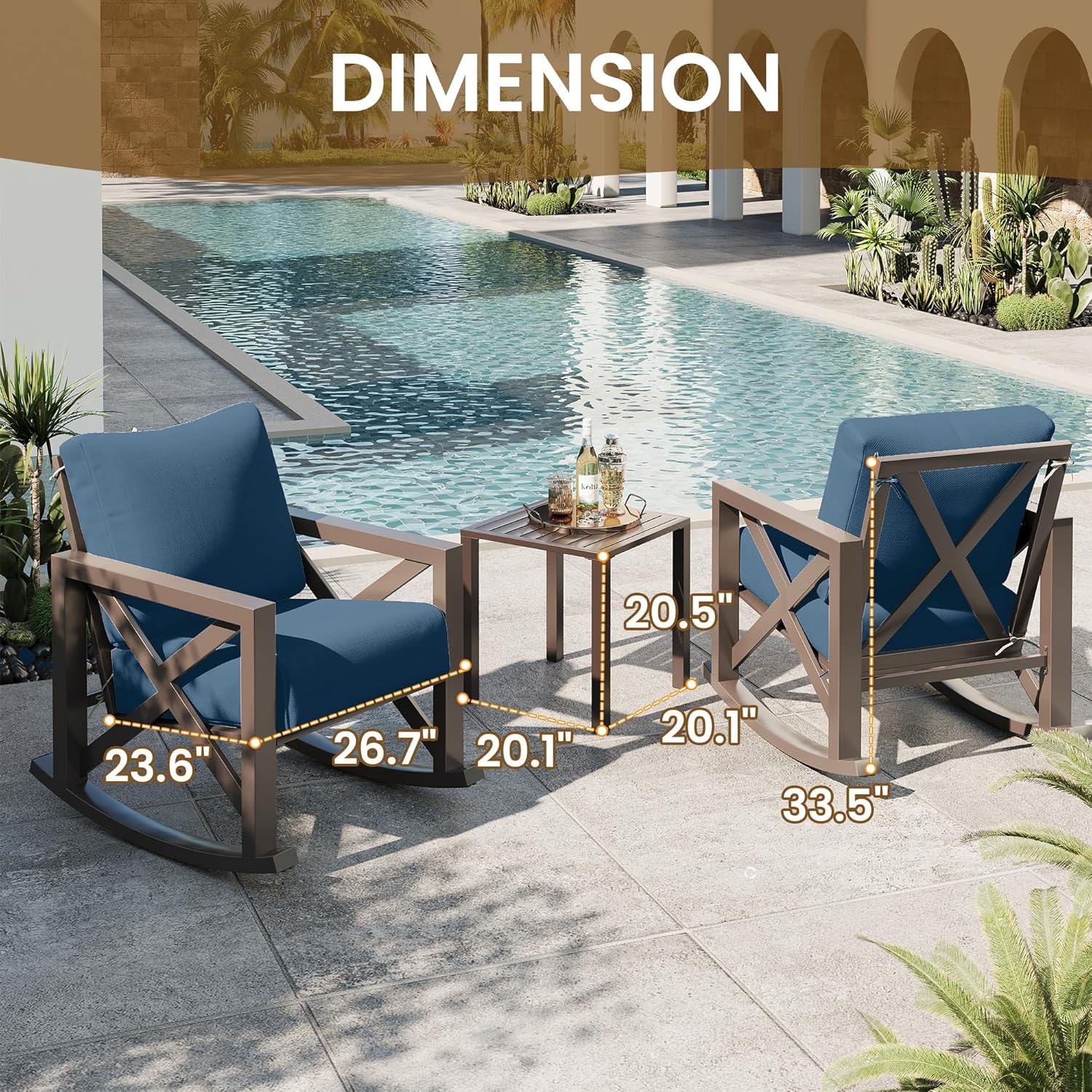 UDPATIO Rocking Chair Outdoor Set 2 with Coffee Table, 3 Piece Metal Rocking Bistro Set with 6.5" Water-Resistant Cushions, Oversized, 350lbs Heavy-Duty, for Porch, Patio, Balcony