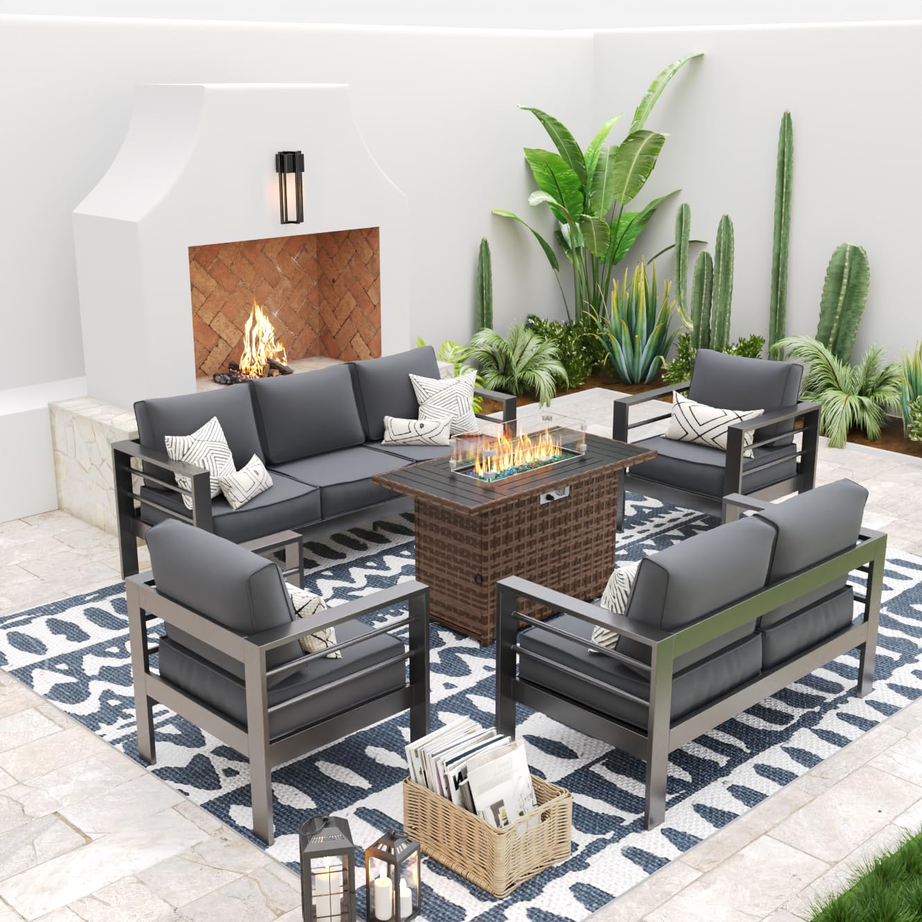 UDPATIO Aluminum Patio Furniture Set with Fire Pit Table, 7Seats Aluminum Outdoor Furniture Set with Water-Proof Cover Included,Cushions