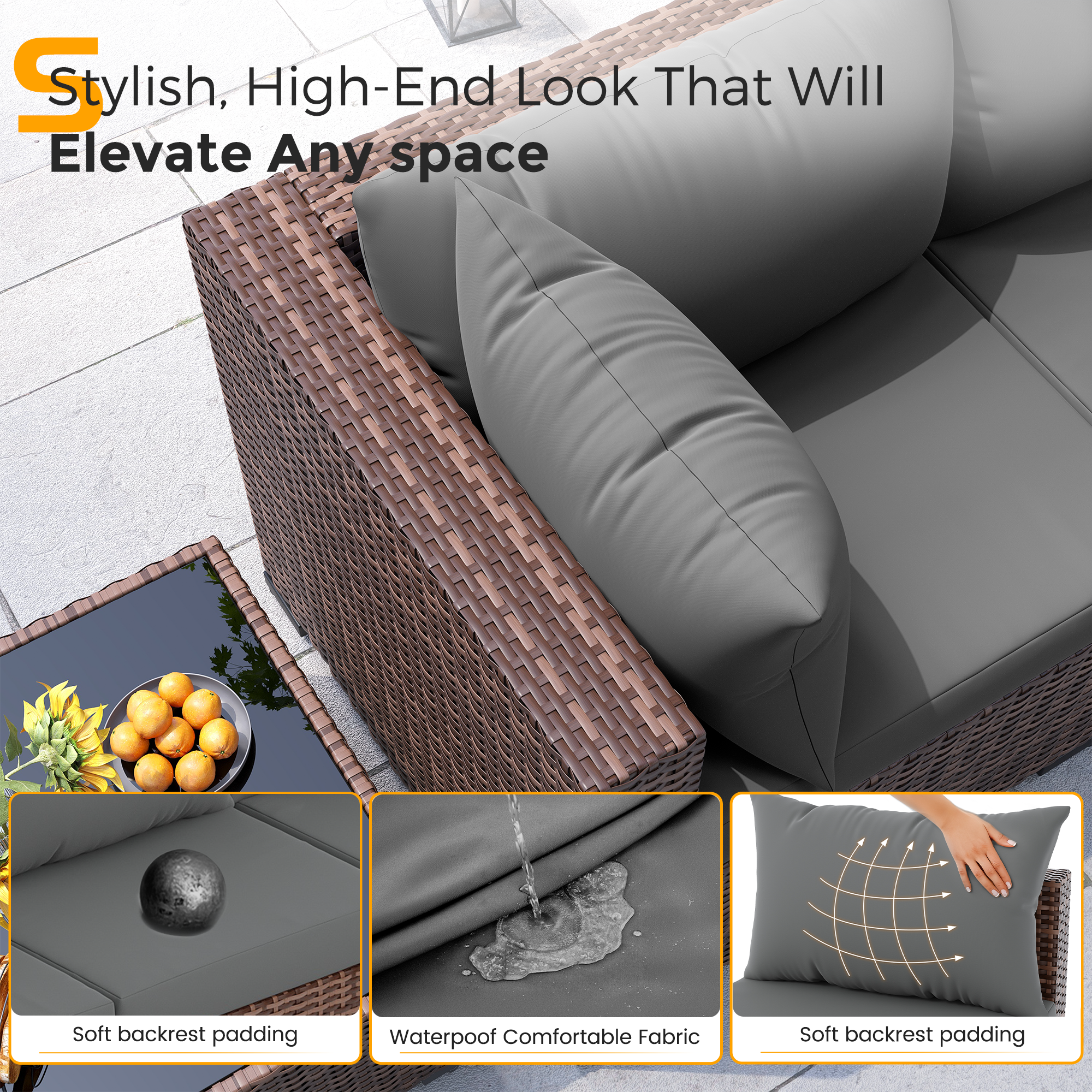 UDPATIO Outdoor Patio Furniture Set with Fire Pit Table, 8 Piece Outdoor Sectional Sofas, All-Weather Wicker Patio Conversation Set for Garden, Backyard