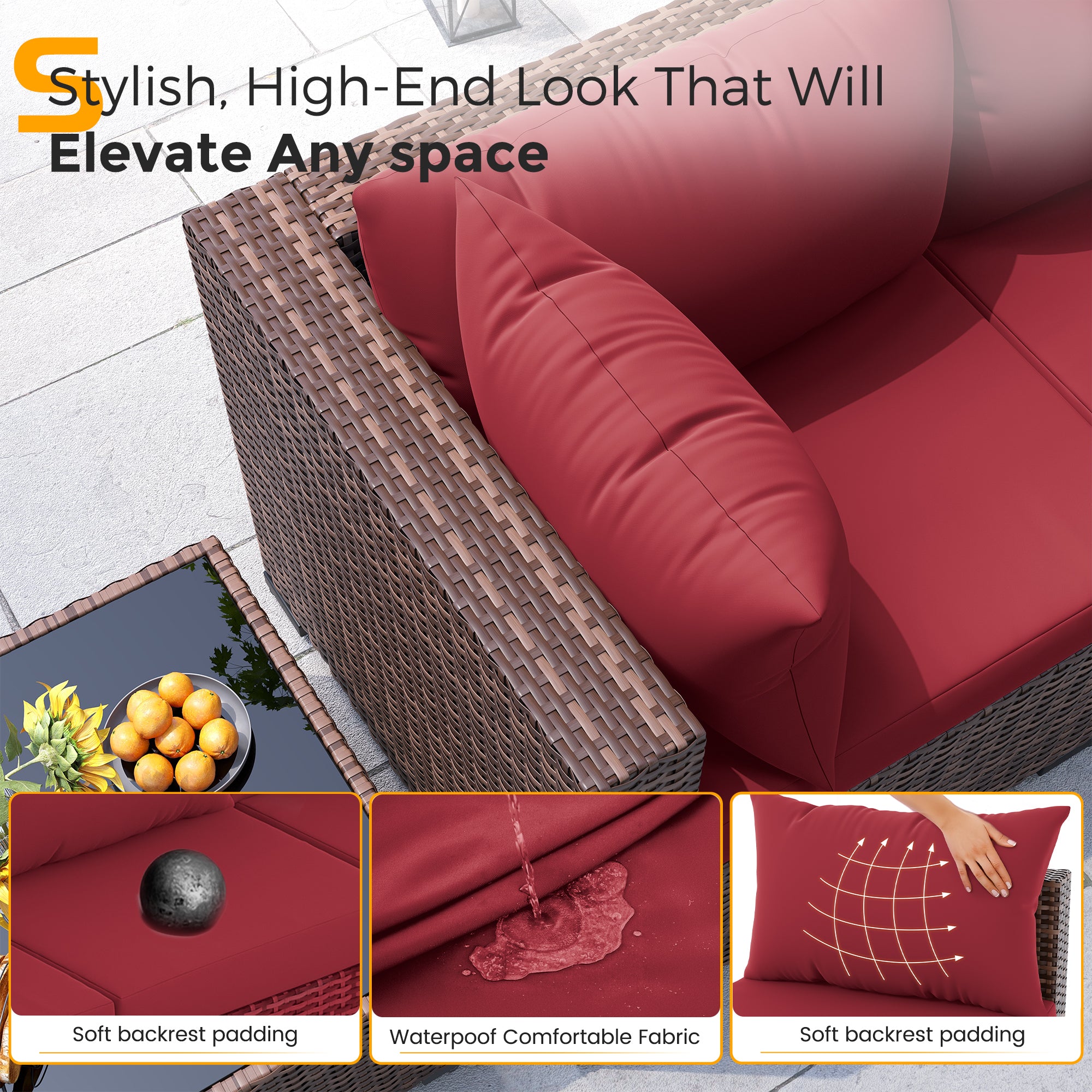 UDPATIO Outdoor Patio Furniture Set with Fire Pit Table, 8 Piece Outdoor Sectional Sofas, All-Weather Wicker Patio Conversation Set for Garden, Backyard