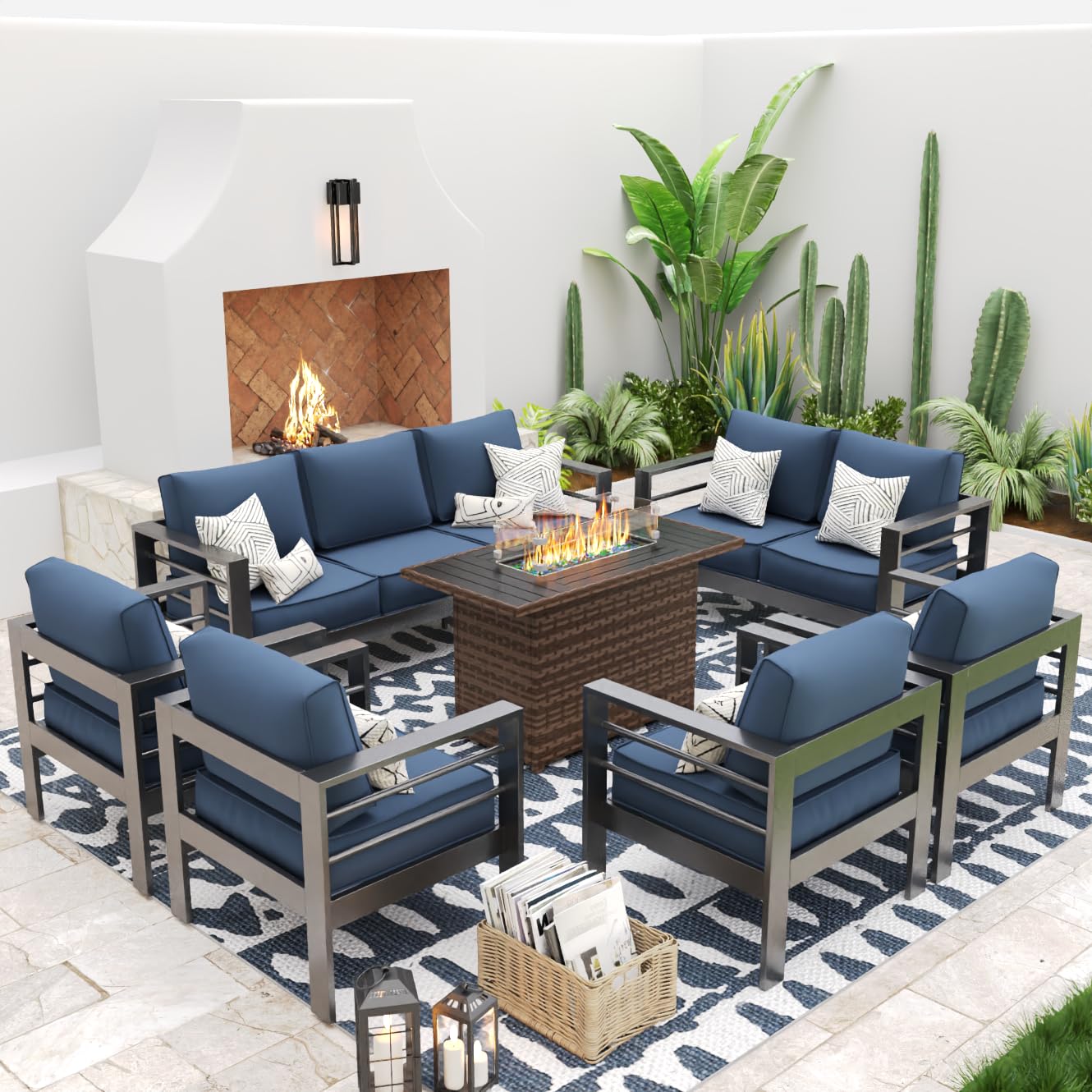 UDPATIO Aluminum Patio Furniture Set with Fire Pit Table, 9 Seats Mordern Outdoor Furniture Set with Water-Proof Cover Included, Dark Grey Frame/Dark Navy Cushions