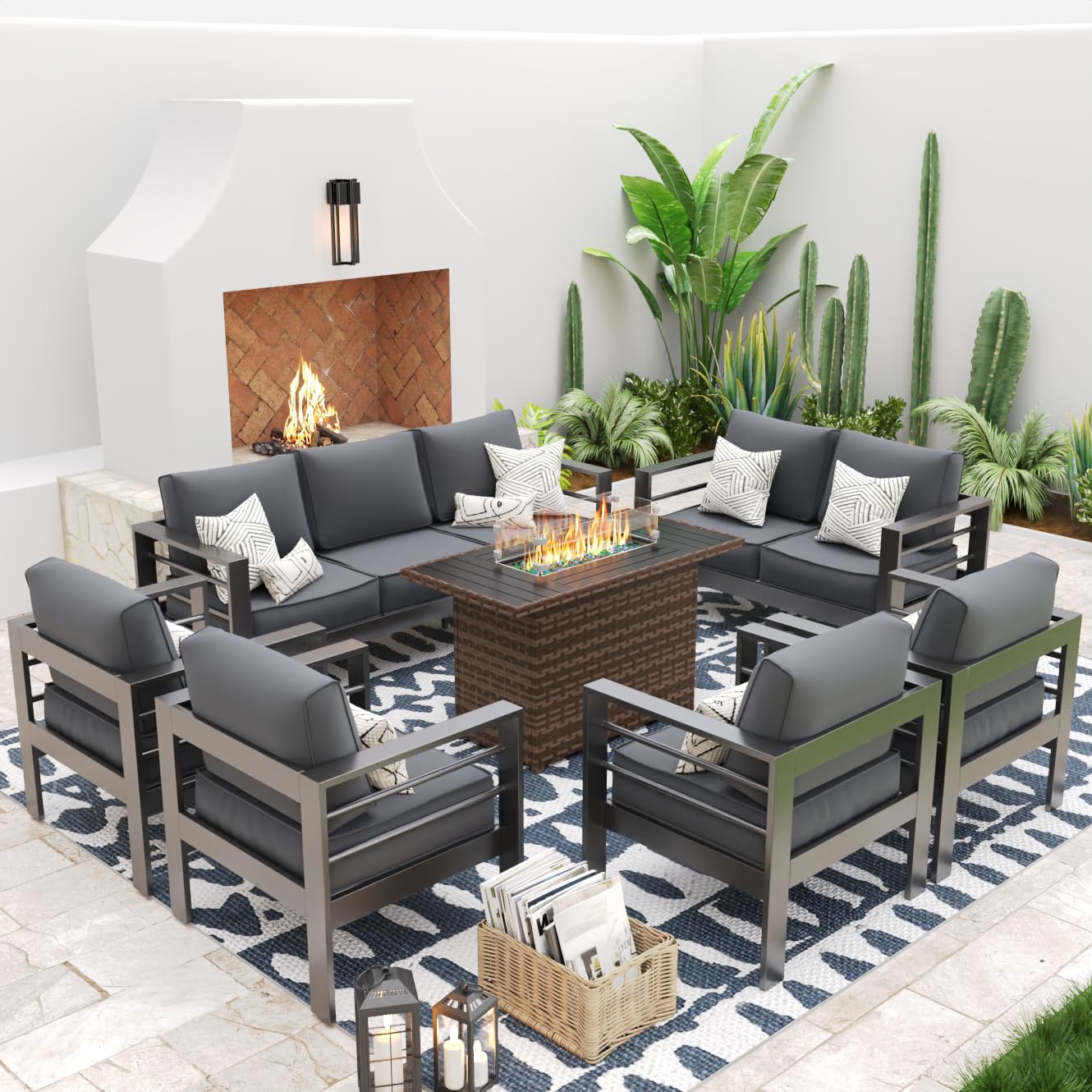 UDPATIO Aluminum Patio Furniture Set with Fire Pit Table, 9 Seats Mordern Outdoor Furniture Set with Water-Proof Cover Included, Dark Grey Frame/Dark Navy Cushions