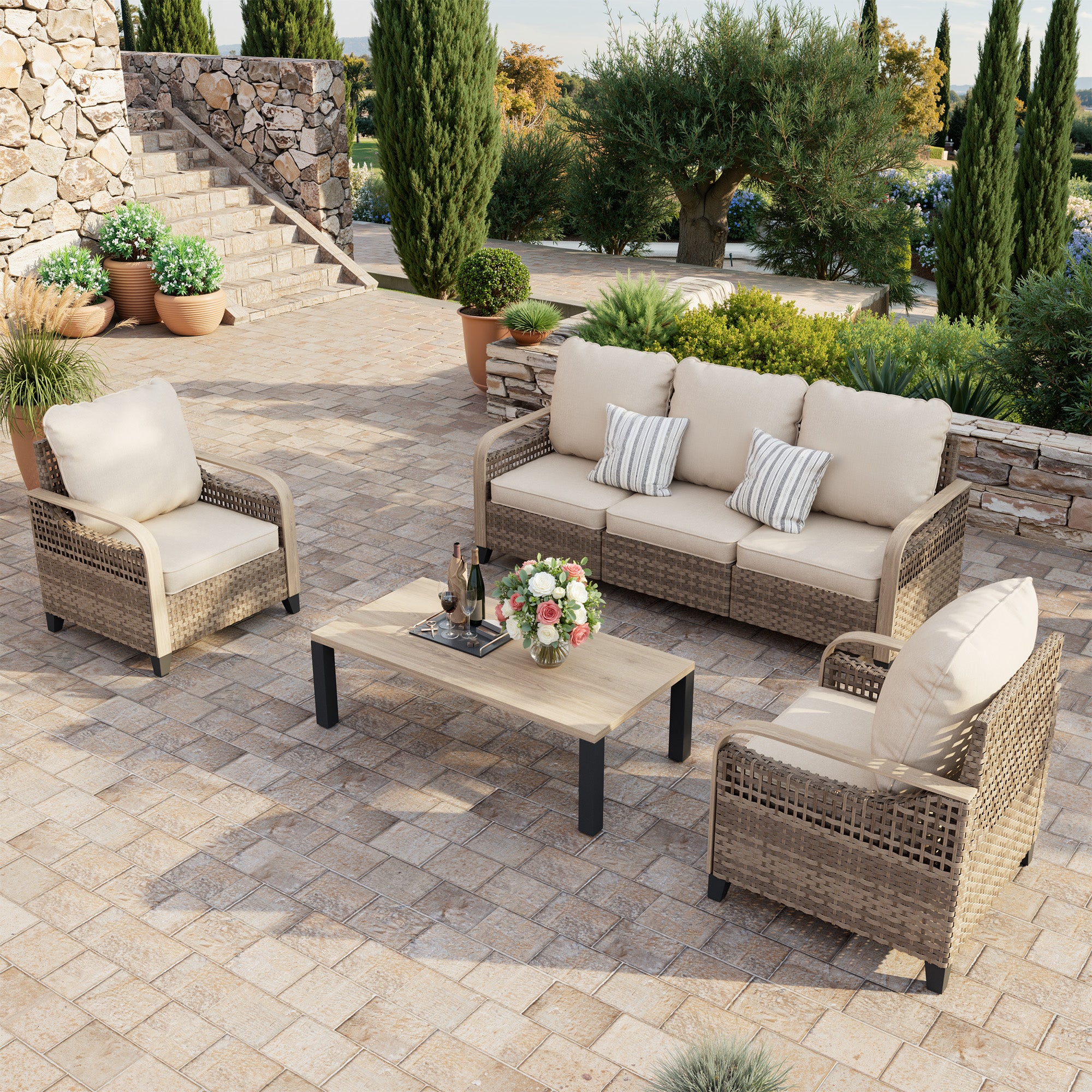 4-Piece Patio Furniture Set, Outdoor Couch with 105-Degree Ergonomic High Back, Yellow Rattan Patio Conversation Sets for Deck, Yard, and Poolside, Beige