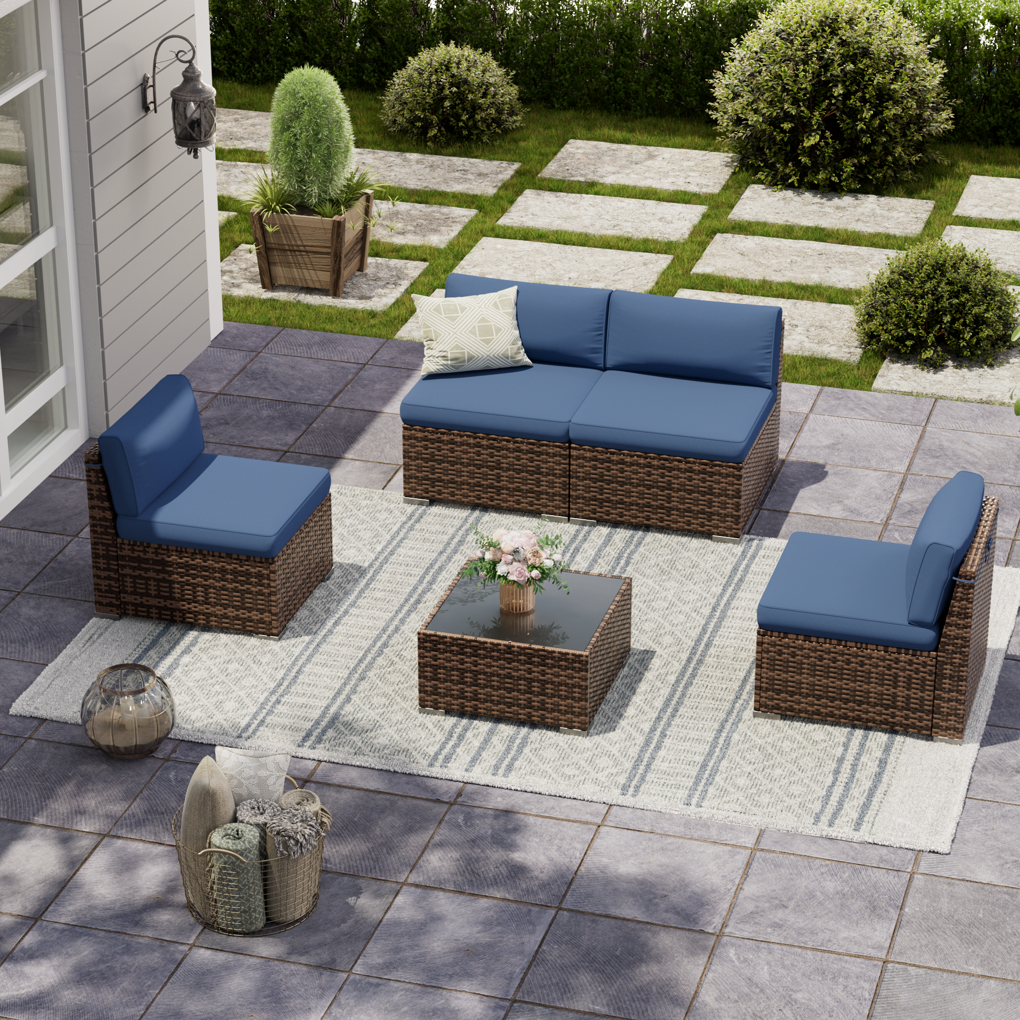 UDPATIO Patio Furniture Set, Modular Outdoor Sectional with 105°Slanted Back, 5 Pieces Rattan Conversation Set for Poolside, Backyard, Deck, with Coffee Table, Waterproof Cover