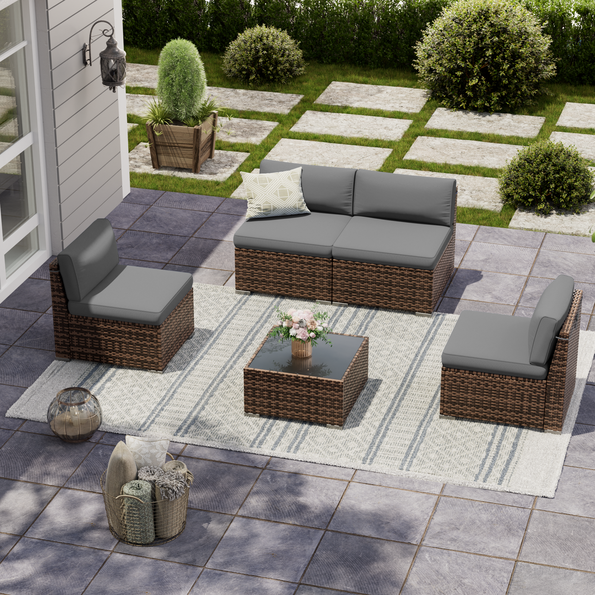 UDPATIO Patio Furniture Set, Modular Outdoor Sectional with 105°Slanted Back, 5 Pieces Rattan Conversation Set for Poolside, Backyard, Deck, with Coffee Table, Waterproof Cover