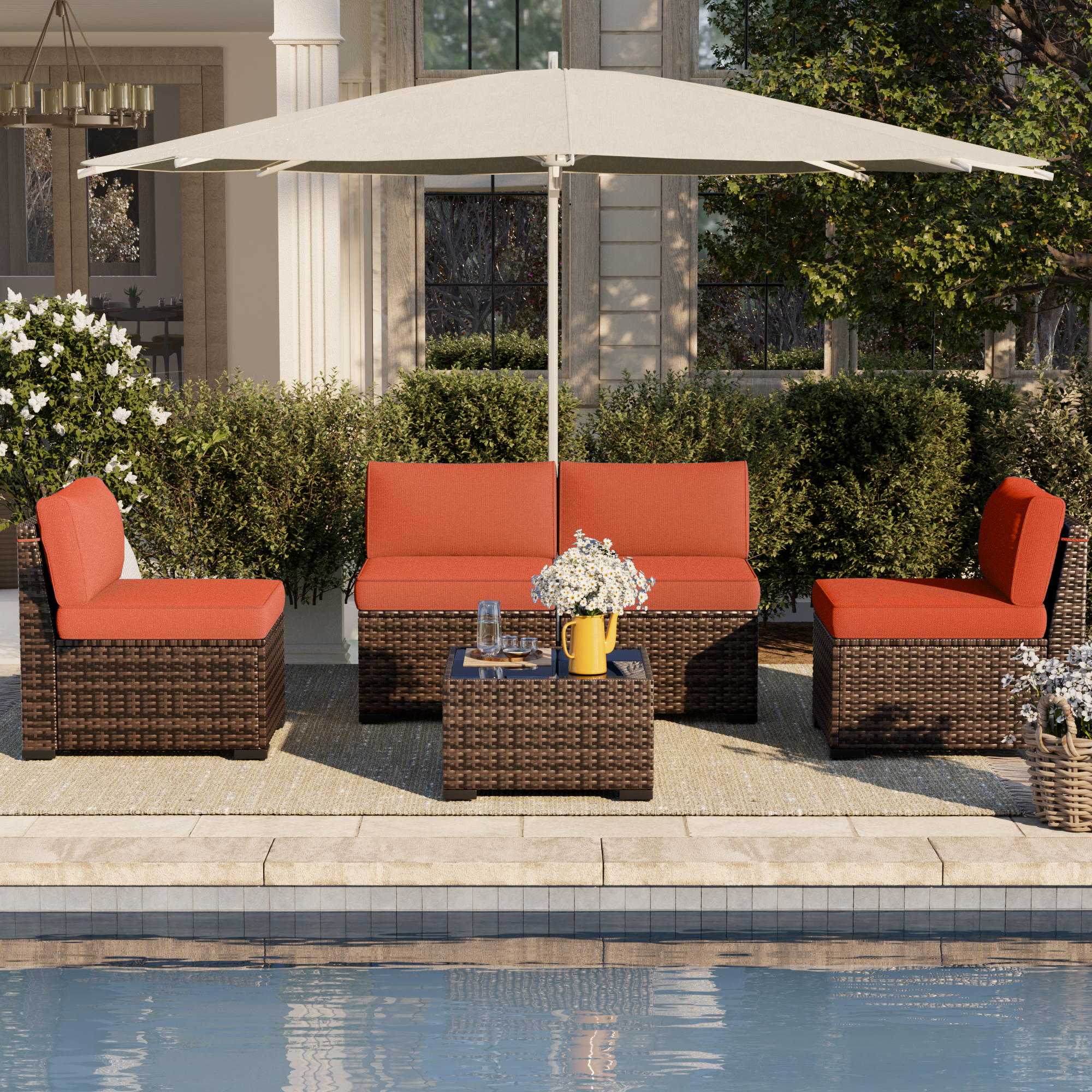 UDPATIO Patio Furniture Set, Modular Outdoor Sectional with 105°Slanted Back, 5 Pieces Rattan Conversation Set for Poolside, Backyard, Deck, with Coffee Table, Waterproof Cover