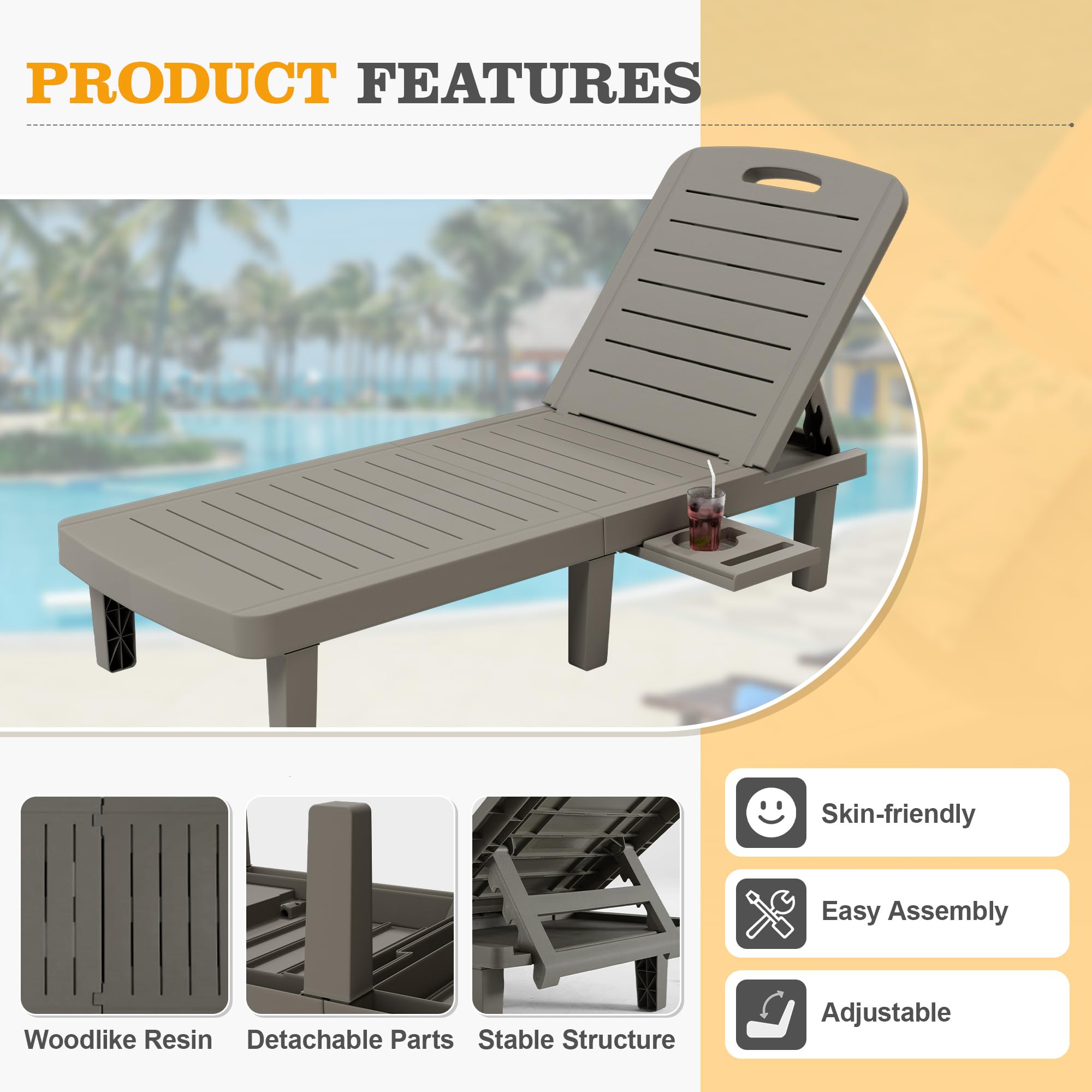 Oversized Outdoor Chairse Lounge Chair, 5-Level Adjustment Backrest