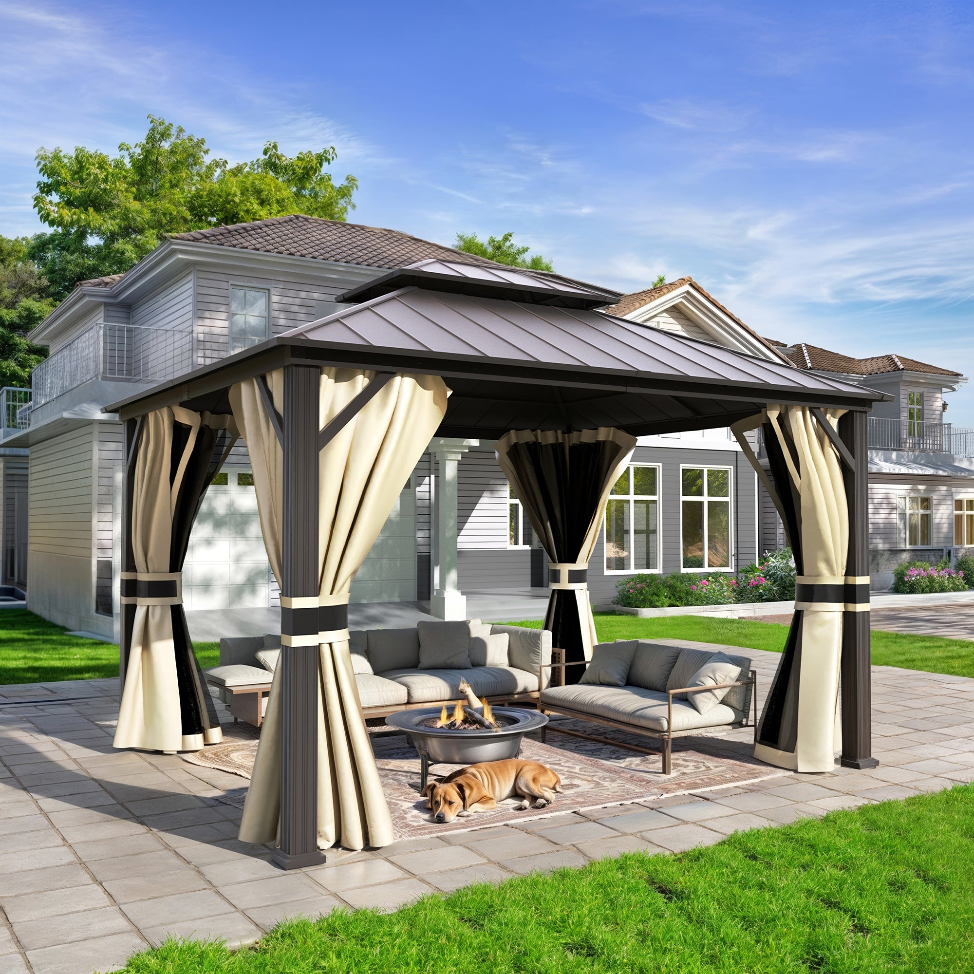 UDPATIO 10'x12' Hardtop Gazebo, Aluminum Frame Canopy with Double Galvanized Steel Roof, Outdoor Metal Gazebo with Curtains and Netting, Curtains for Backyard, Patio and Deck, Beige