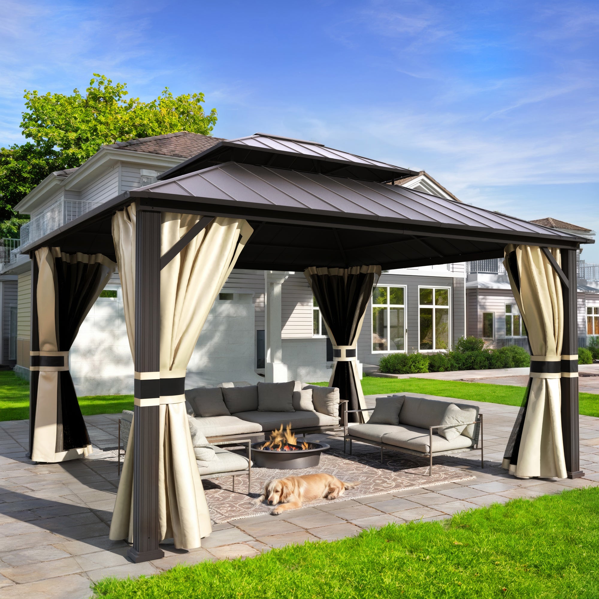 UDPATIO 12'x14' Hardtop Gazebo, Aluminum Frame Canopy with Double Galvanized Steel Roof, Outdoor Metal Gazebo with Curtains and Netting, Curtains for Backyard, Patio and Deck, Beige