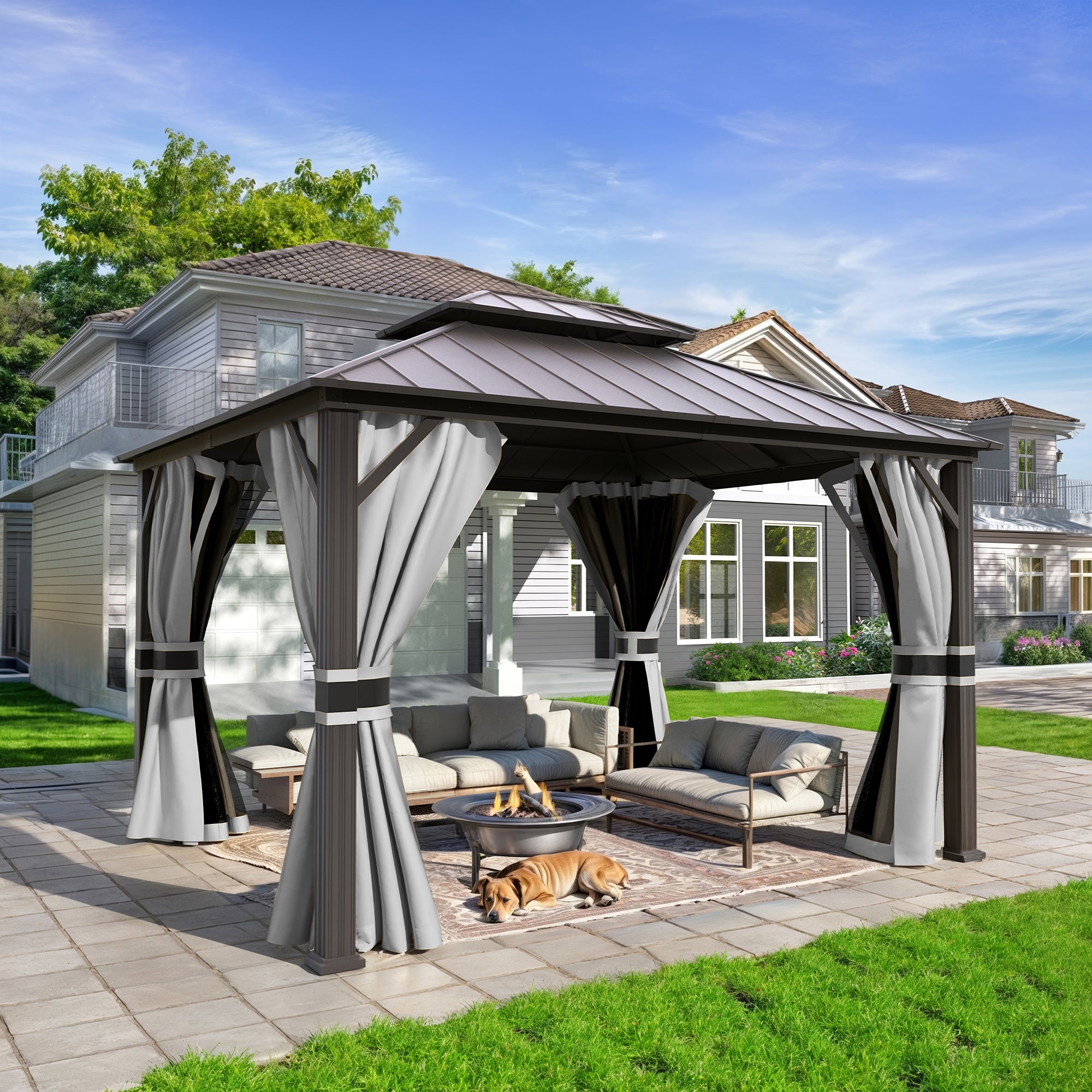 UDPATIO 10'x12' Hardtop Gazebo, Aluminum Frame Canopy with Double Galvanized Steel Roof, Outdoor Metal Gazebo with Curtains and Netting, Curtains for Backyard, Patio and Deck, Grey