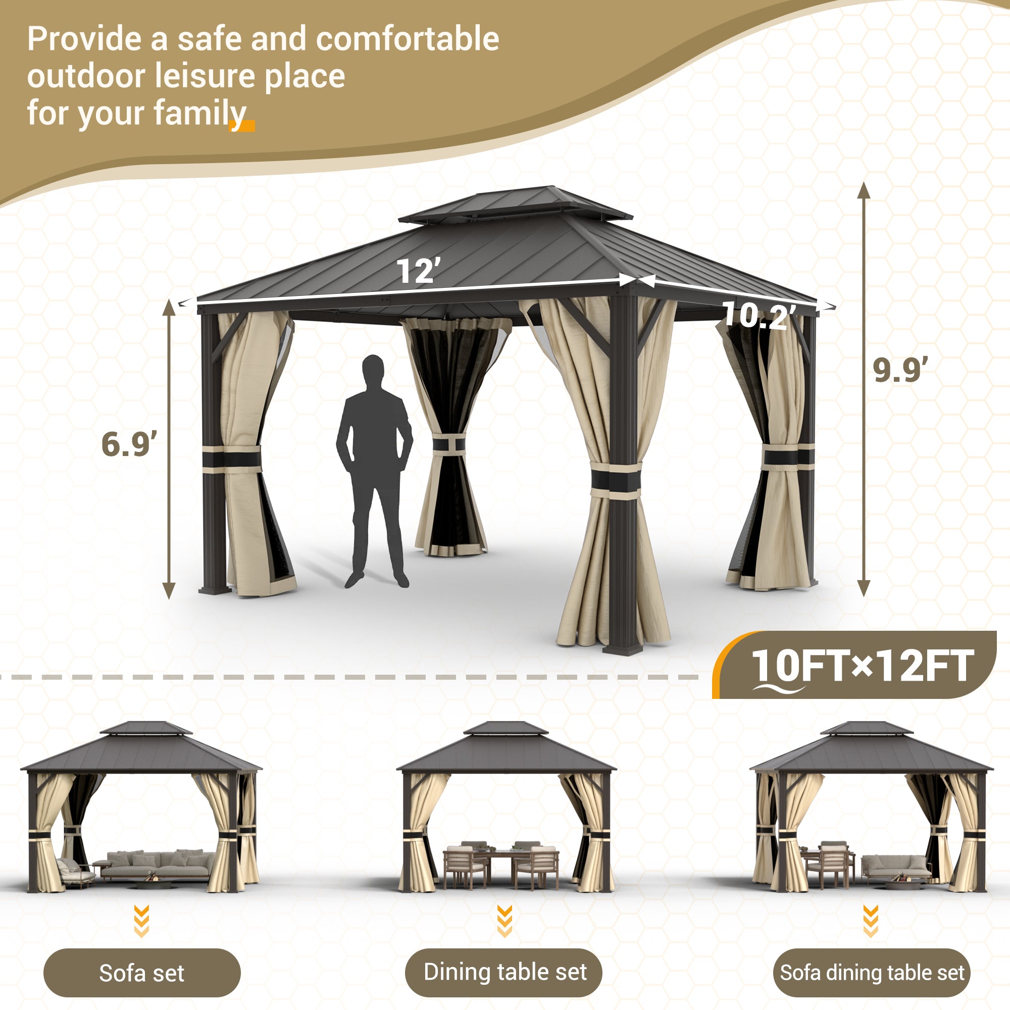 UDPATIO 10'x12' Hardtop Gazebo, Aluminum Frame Canopy with Double Galvanized Steel Roof, Outdoor Metal Gazebo with Curtains and Netting, Curtains for Backyard, Patio and Deck, Beige
