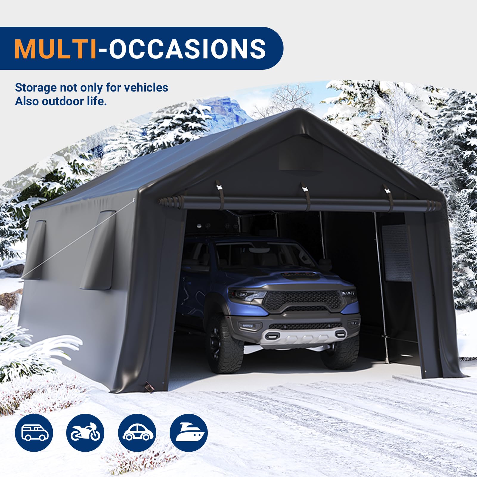 UDPATIO Carport Canopy 12x20 Heavy Duty, Peak Roof Portable Garage Waterproof Anti-Snow UV-Resistant Car Port with Roll-up Doors Galvanized Steel Tube Frame Storage for Vehicle Truck Boat, Black