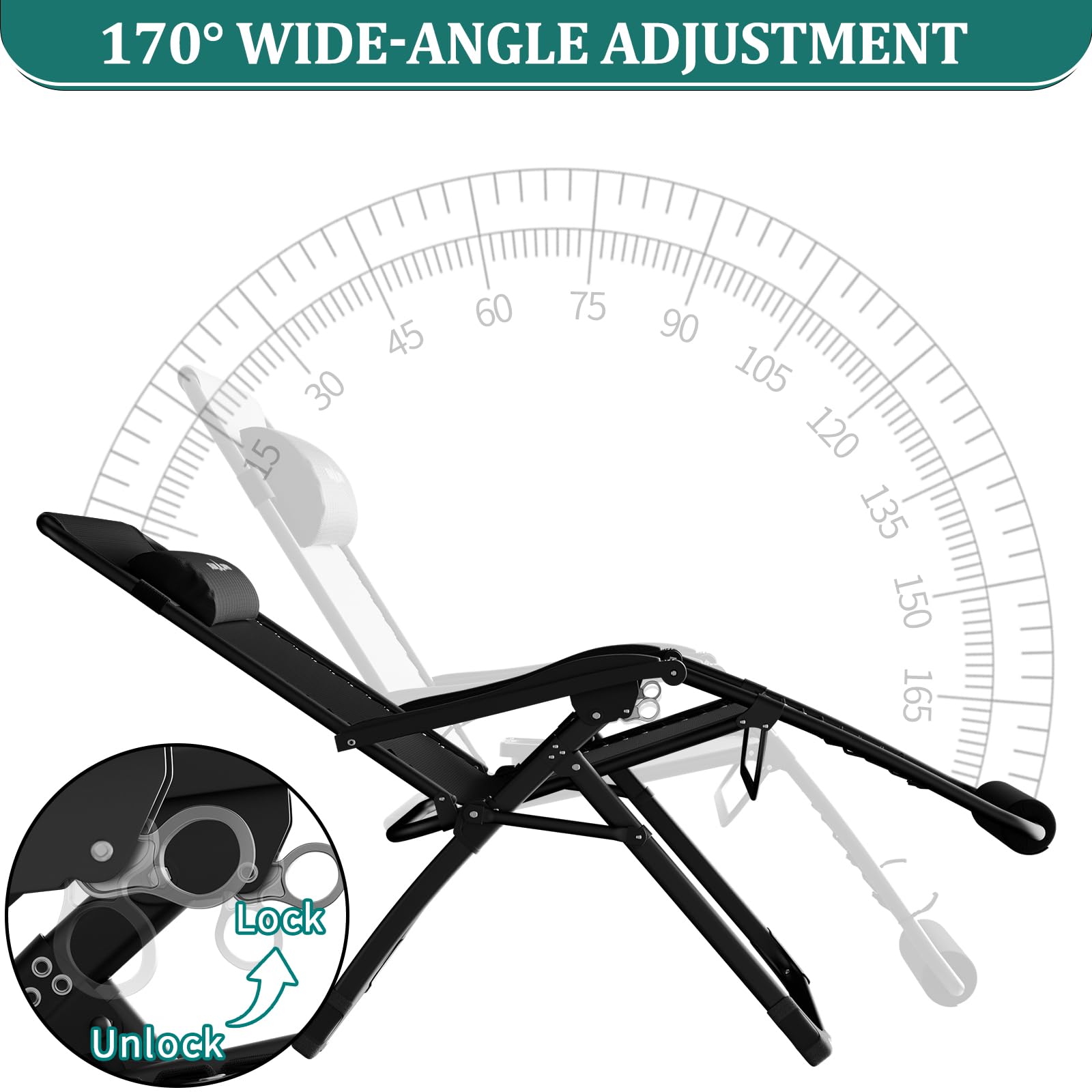 UDPATIO Oversized Zero Gravity Chair 33In XXL Patio Reclining Chair with Cushion, Outdoor Folding Recliner with Pillows|Cup Holder|Foot Rest|Padded Headrest, Support 500LB