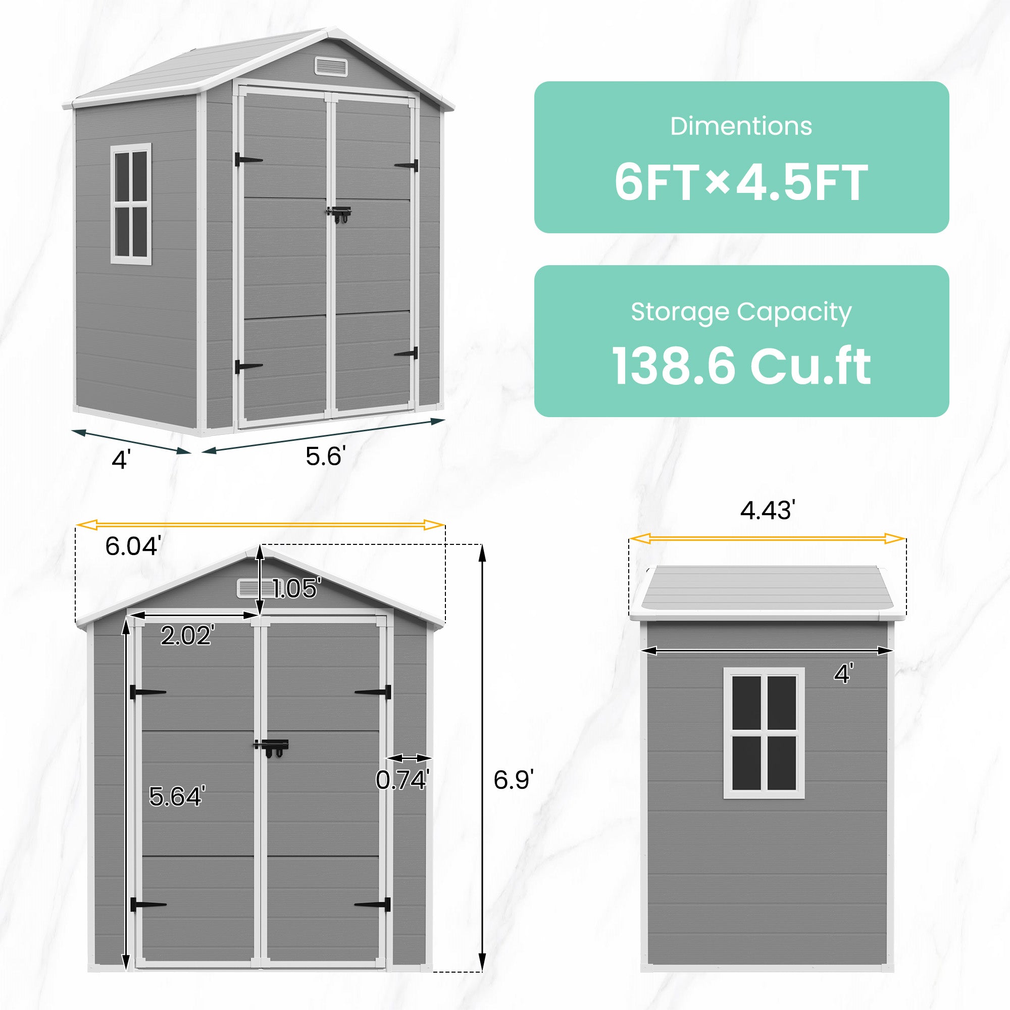 UDPATIO Outdoor Resin Storage Shed 6x4.5 FT, Plastic Garden Shed for Bike, Garbage Can, Tool, Outside Sheds with Lockable Door for Backyard, Patio, Lawn, Grey & White