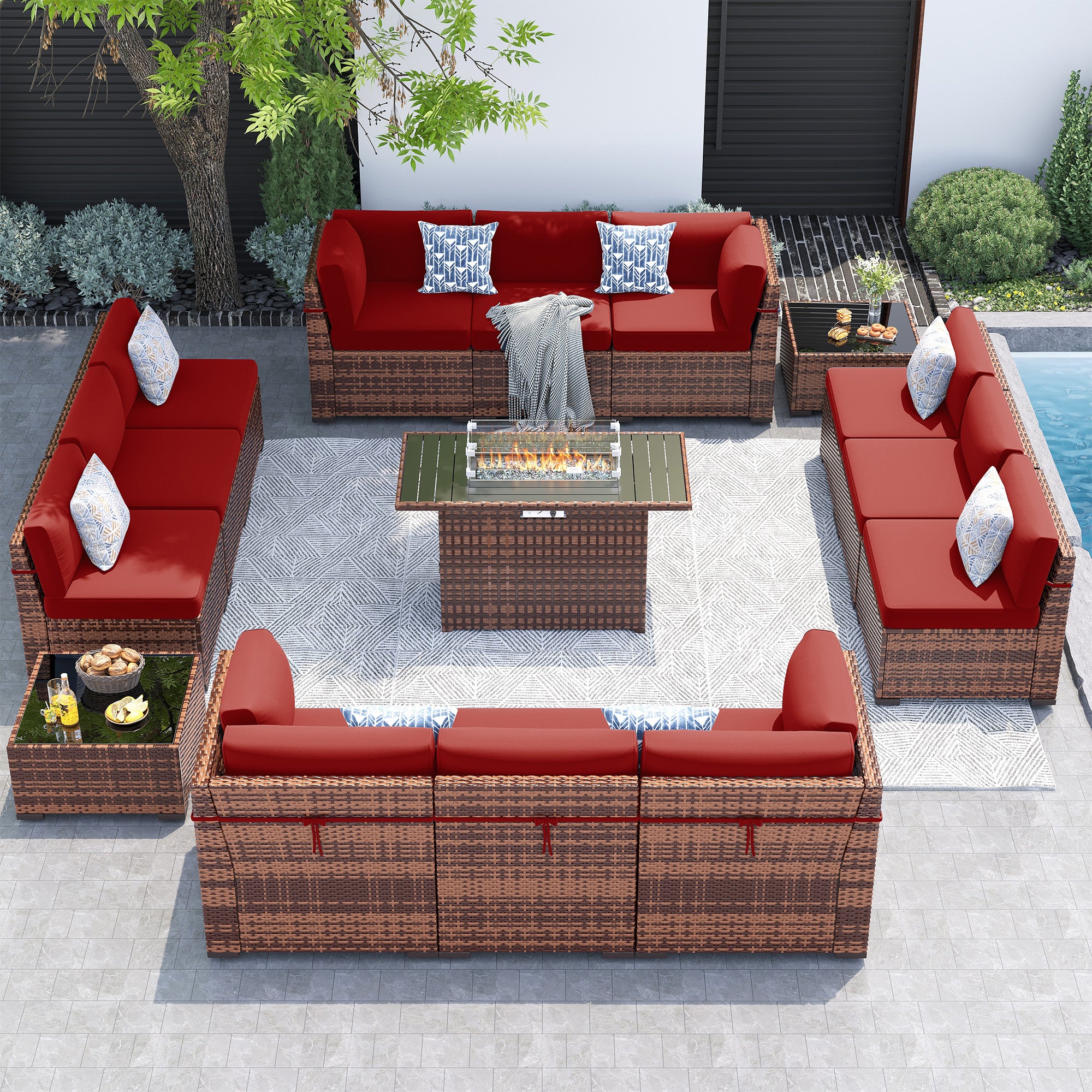 UDPATIO Patio Furniture Set With 44'' Fire Pit Table,Modular Outdoor Furniture Sets,Slanted Back Outdoor Sectional Conversation Set PE Rattan Sofa for Backyard W/Coffee Table,4'' Cushions,15PCS