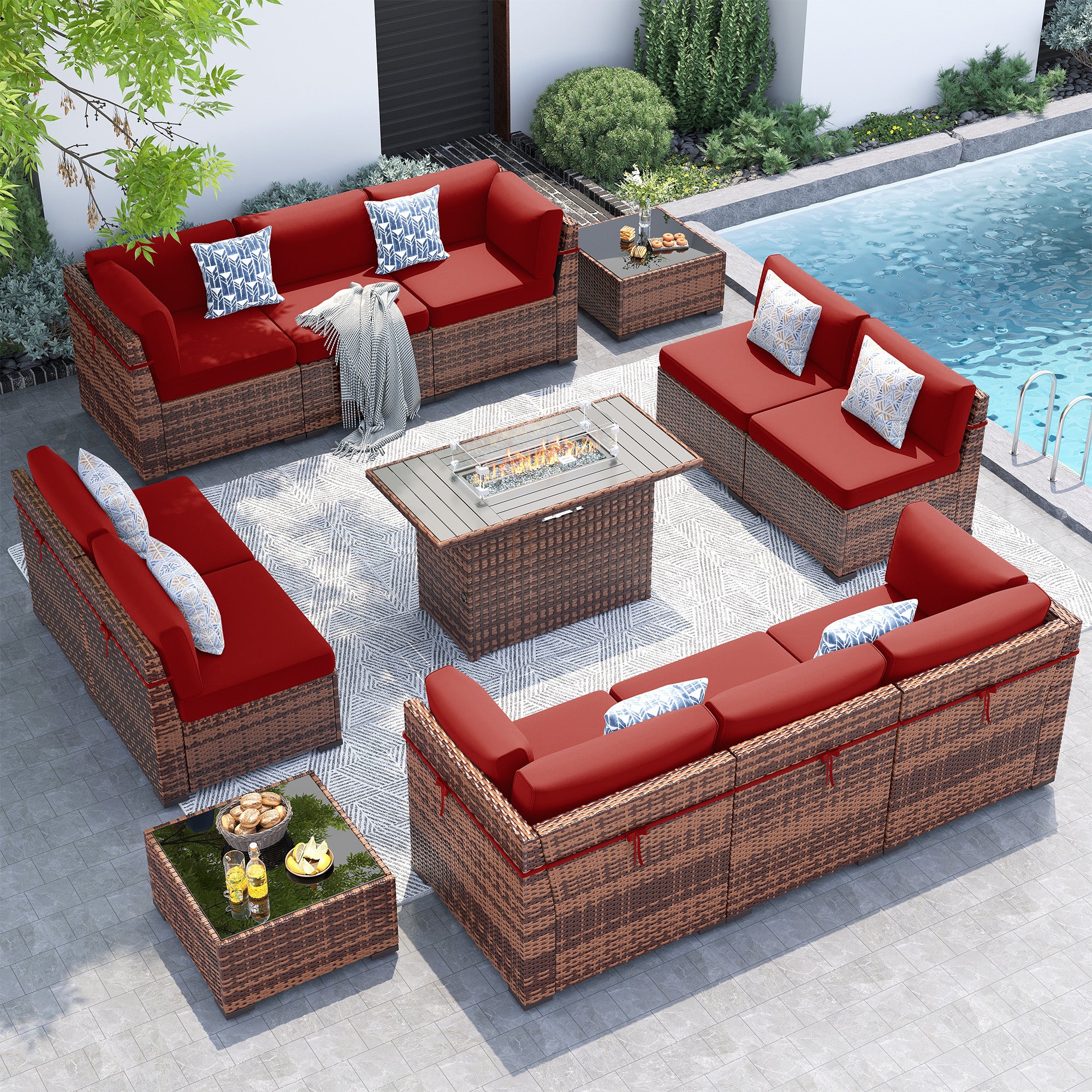 UDPATIO Patio Furniture Set With 44'' Fire Pit Table,Modular Outdoor Furniture Sets,Slanted Back Outdoor Sectional Conversation Set PE Rattan Sofa for Backyard W/Coffee Table,4'' Cushions,13PCS