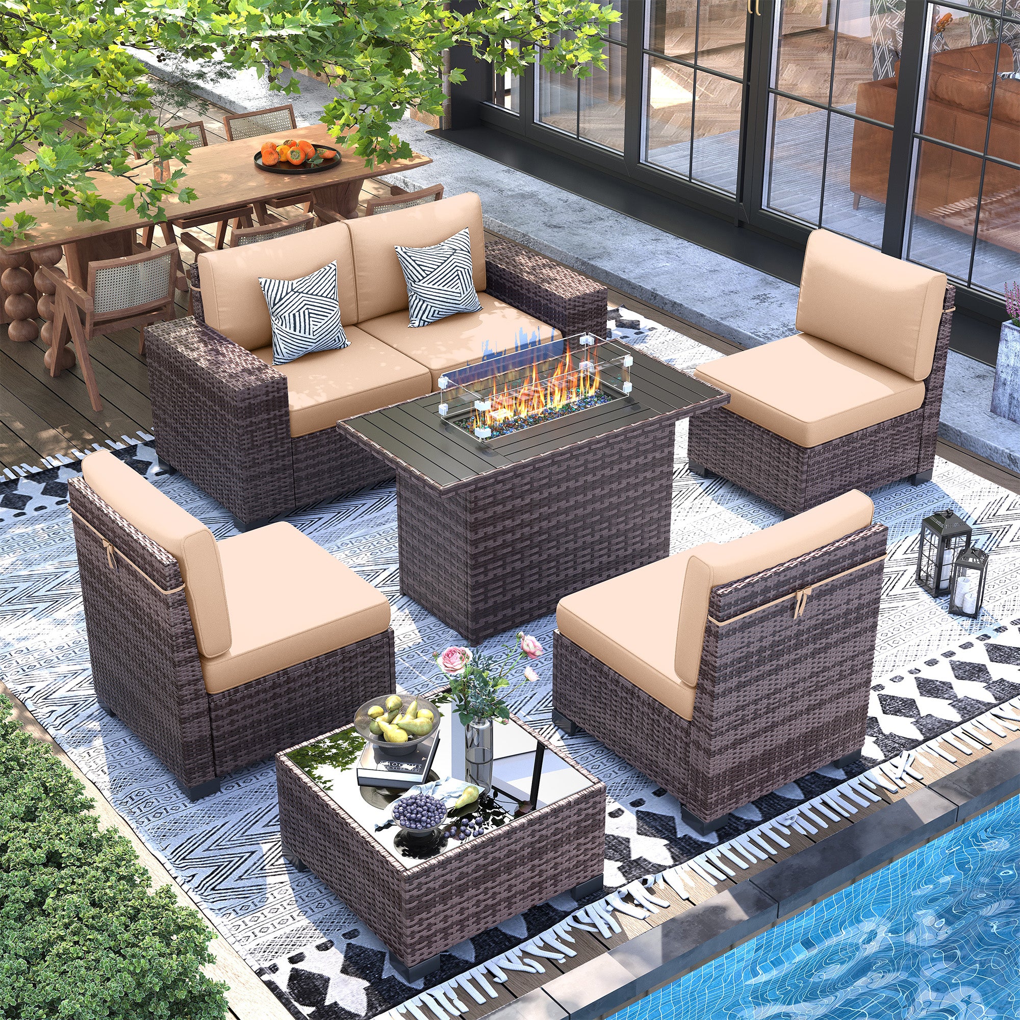 UDPATIO 7 Piece Patio Furniture Set with Fire Pit Table, 8''Wide Armrest Modular Rattan Outdoor Sectional  Sofa Set,Wicker Patio Conversation Sets for Backyard,Deck w/ 4'' Cushions,Cover