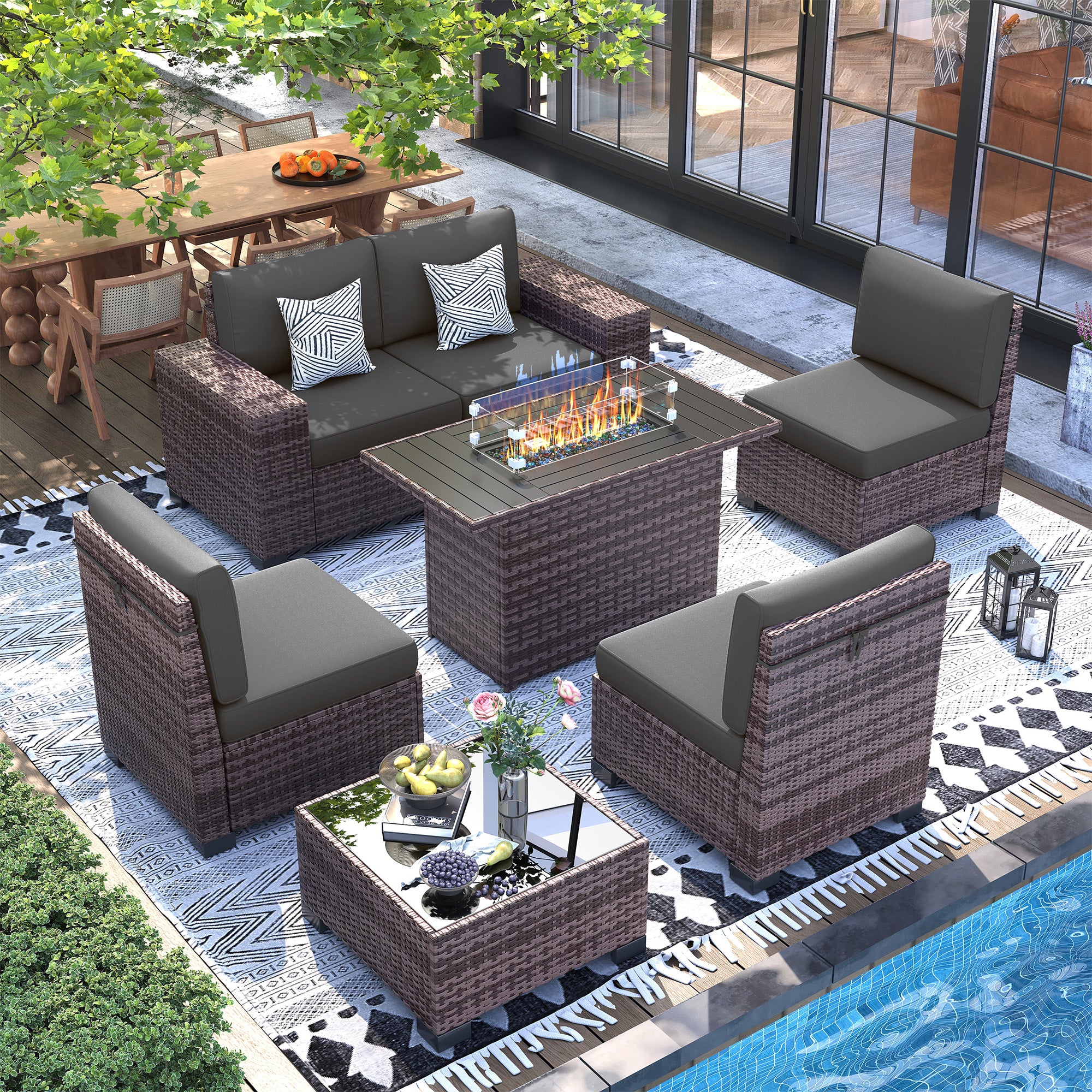 UDPATIO 7 Piece Patio Furniture Set with Fire Pit Table, 8''Wide Armrest Modular Rattan Outdoor Sectional  Sofa Set,Wicker Patio Conversation Sets for Backyard,Deck w/ 4'' Cushions,Cover