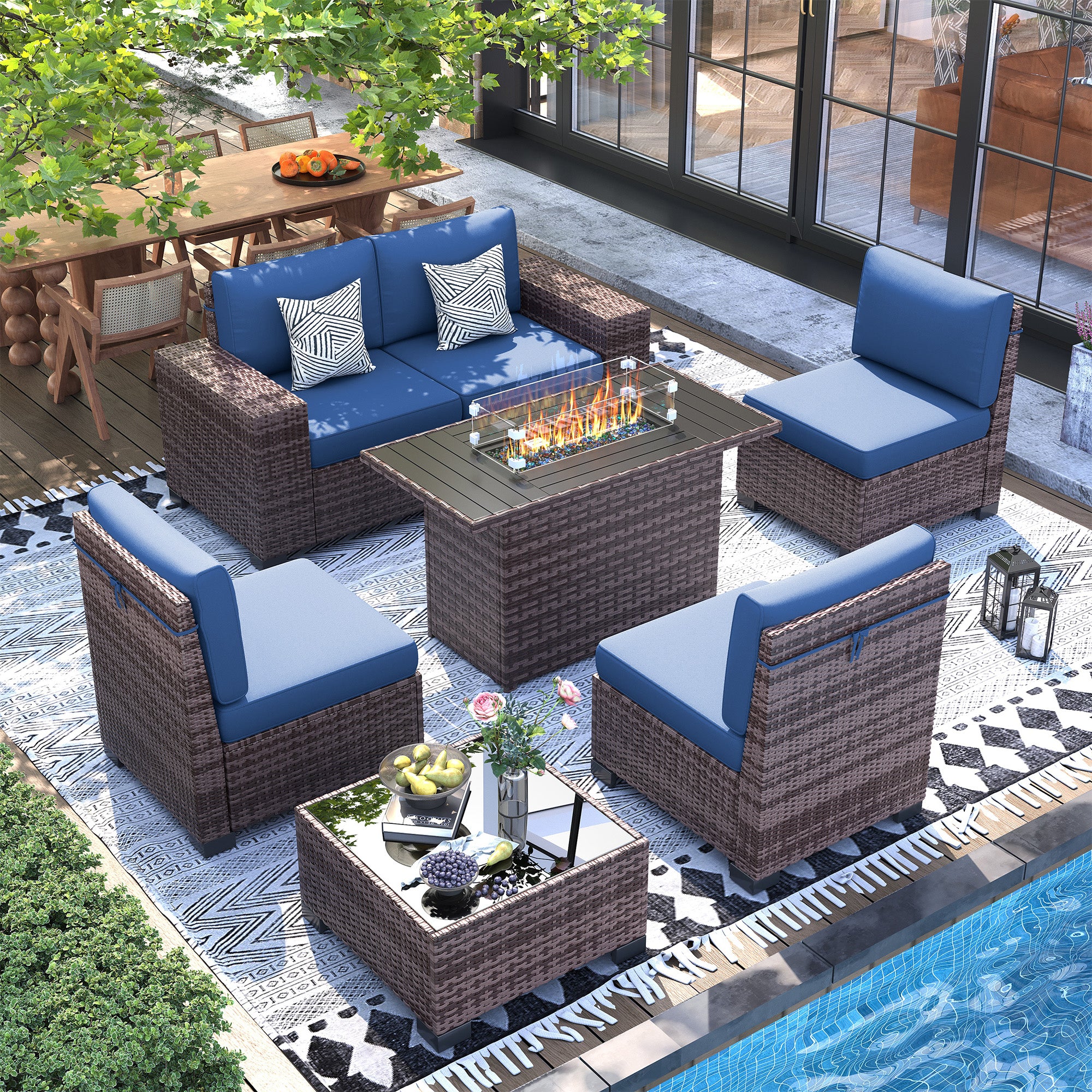 UDPATIO 7 Piece Patio Furniture Set with Fire Pit Table, 8''Wide Armrest Modular Rattan Outdoor Sectional  Sofa Set,Wicker Patio Conversation Sets for Backyard,Deck w/ 4'' Cushions,Cover