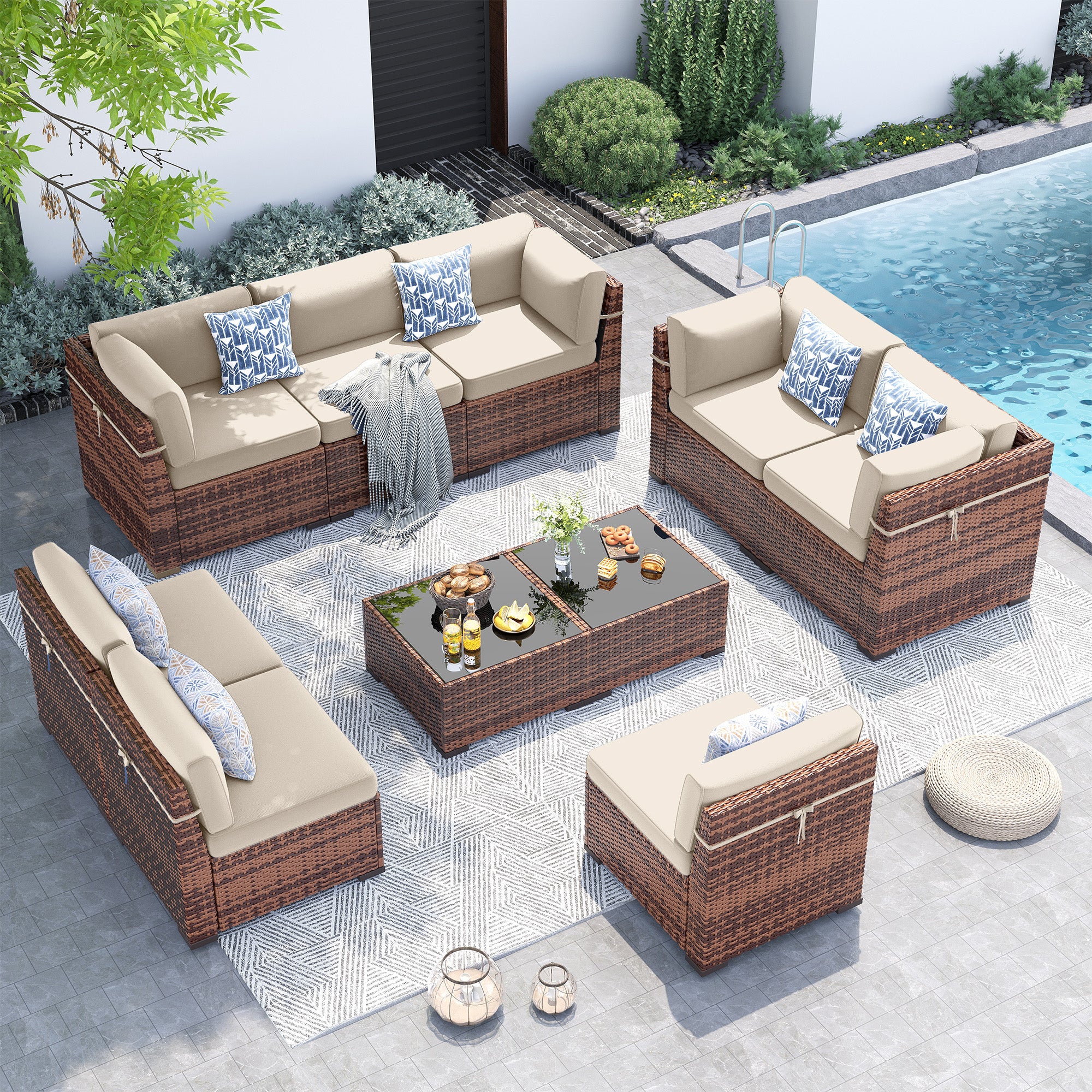 UDPATIO Patio Furniture Set,Modular Outdoor Rattan Sectional Set With Slanted Back, Patio Conversation Set Heavy Duty Wicker Sofa for Backyard, Deck W/Coffee Table,4'' Thick Cushions,Cover,10PCS