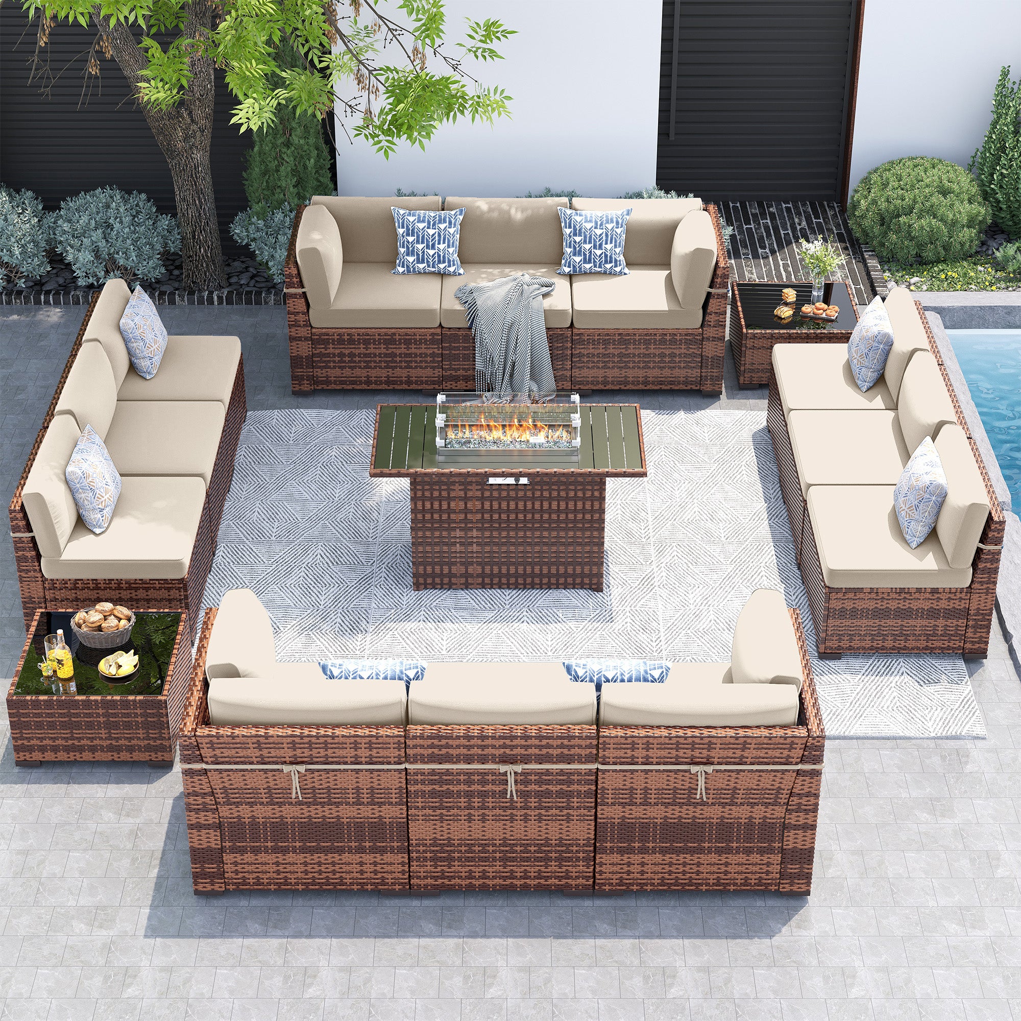 UDPATIO Patio Furniture Set With 44'' Fire Pit Table,Modular Outdoor Furniture Sets,Slanted Back Outdoor Sectional Conversation Set PE Rattan Sofa for Backyard W/Coffee Table,4'' Cushions,15PCS