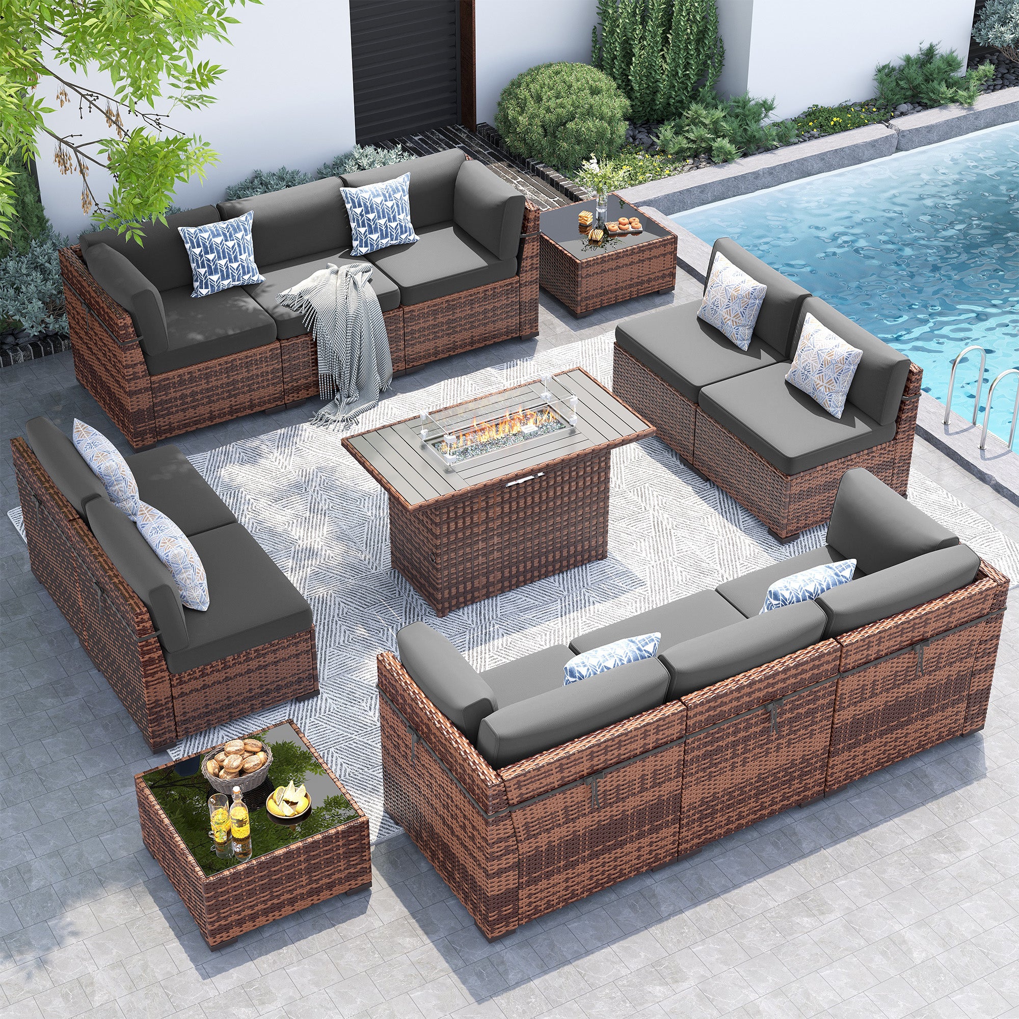 UDPATIO Patio Furniture Set With 44'' Fire Pit Table,Modular Outdoor Furniture Sets,Slanted Back Outdoor Sectional Conversation Set PE Rattan Sofa for Backyard W/Coffee Table,4'' Cushions,13PCS