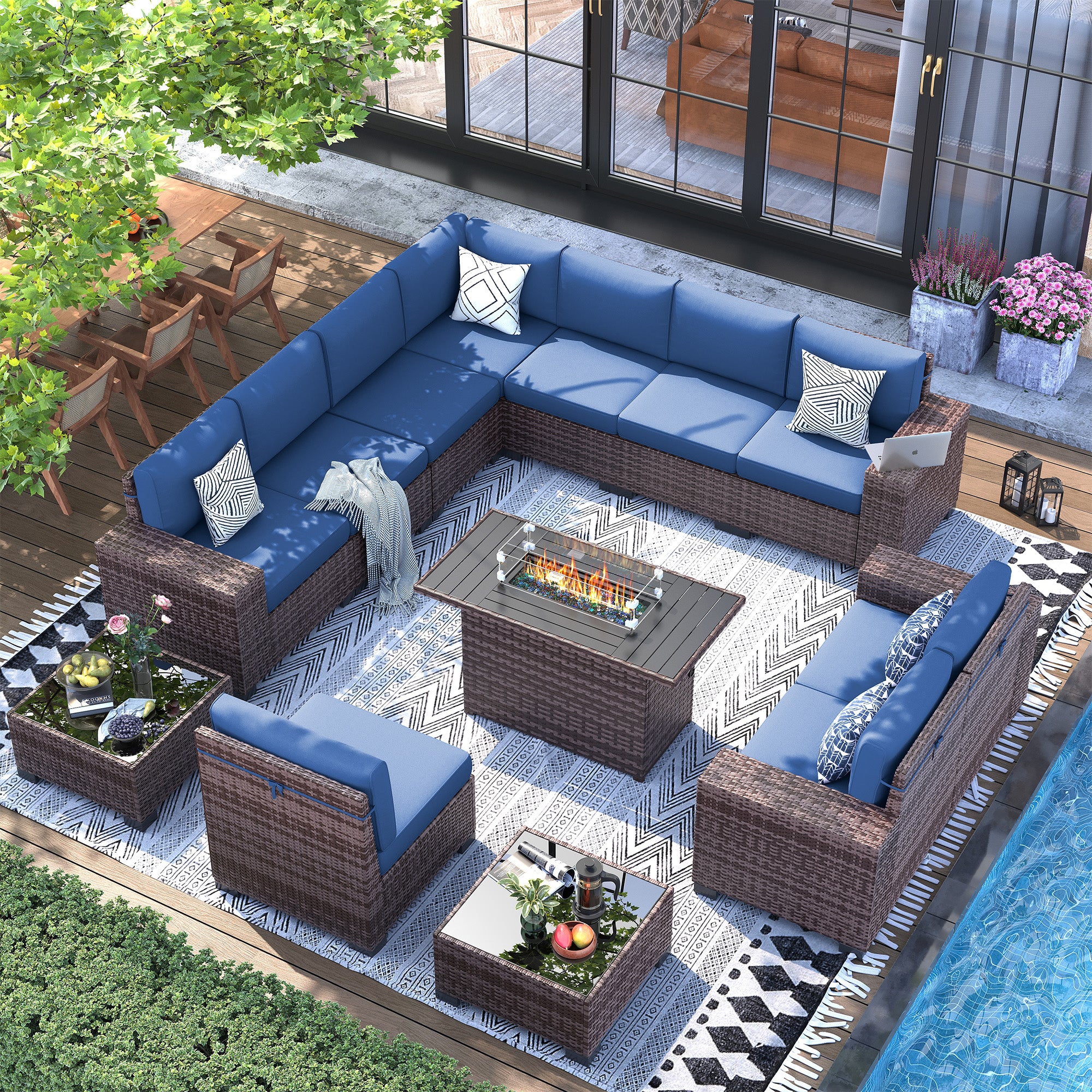 UDPATIO 13 Piece Patio Furniture Set with Fire Pit Table, 8''Wide Armrest Modular Rattan Outdoor Sectional  Sofa Set,Wicker Patio Conversation Sets for Backyard,Deck w/ 4'' Cushions,Cover