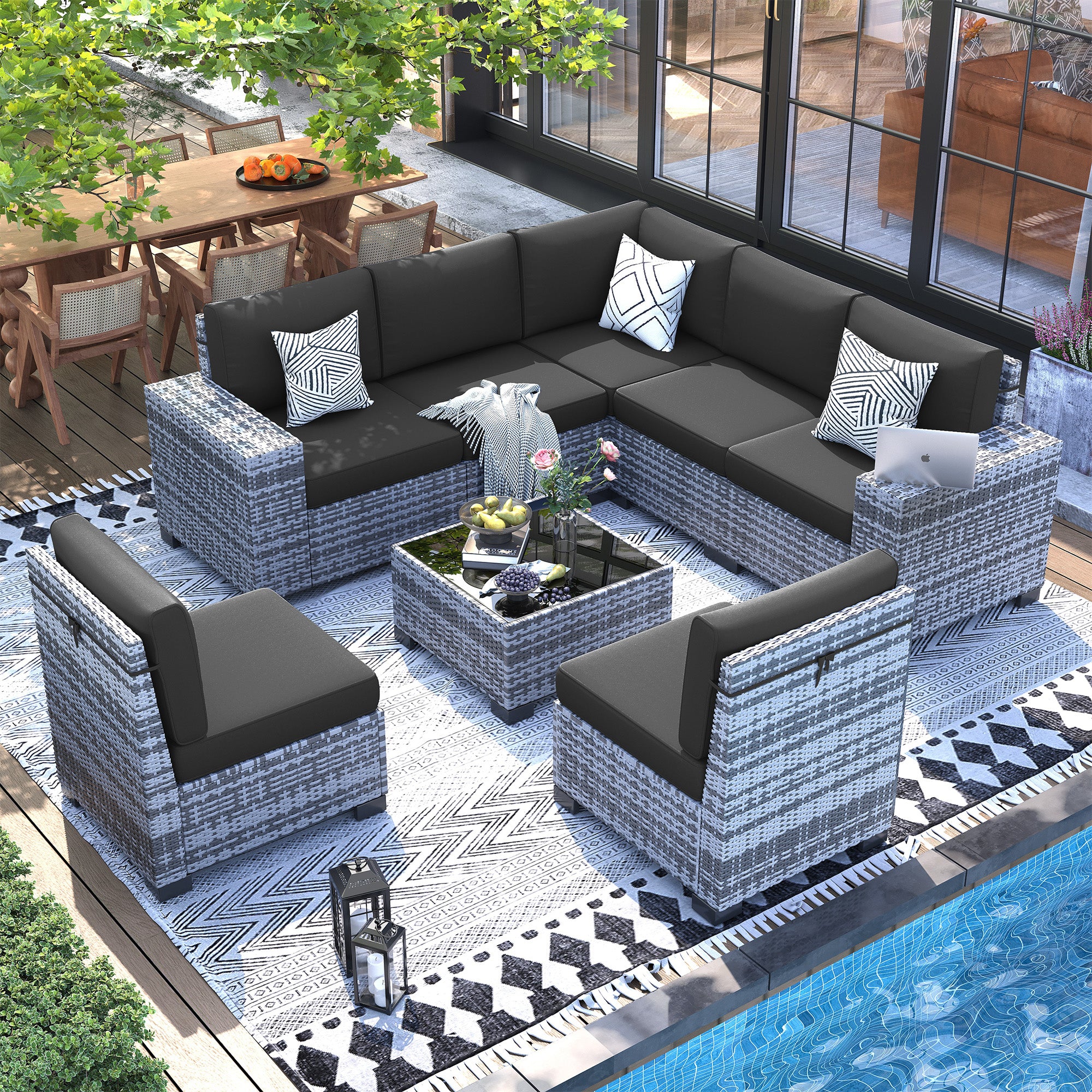 UDPATIO Patio Furniture Set, 8''Wide Armrest Modular Rattan Outdoor Sectional Sofa Set, 8 Pieces Wicker Patio Conversation Sets for Backyard,Deck w/ 4'' Cushions,Cover,Coffee Table(Grey/Black)