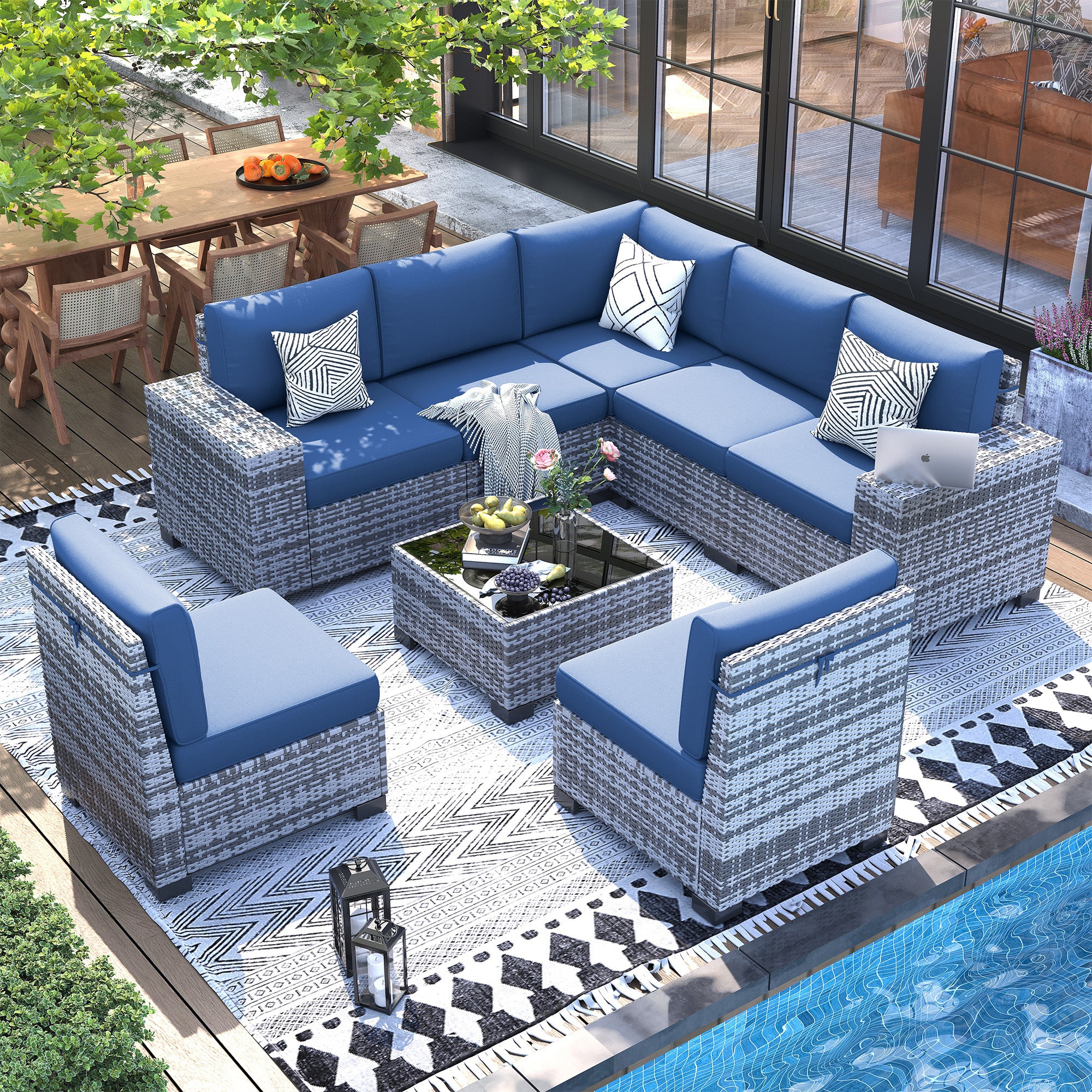 UDPATIO Patio Furniture Set, 8''Wide Armrest Modular Rattan Outdoor Sectional  Sofa Set, 8 Pieces Wicker Patio Conversation Sets for Backyard,Deck w/ 4'' Cushions,Cover,Coffee Table
