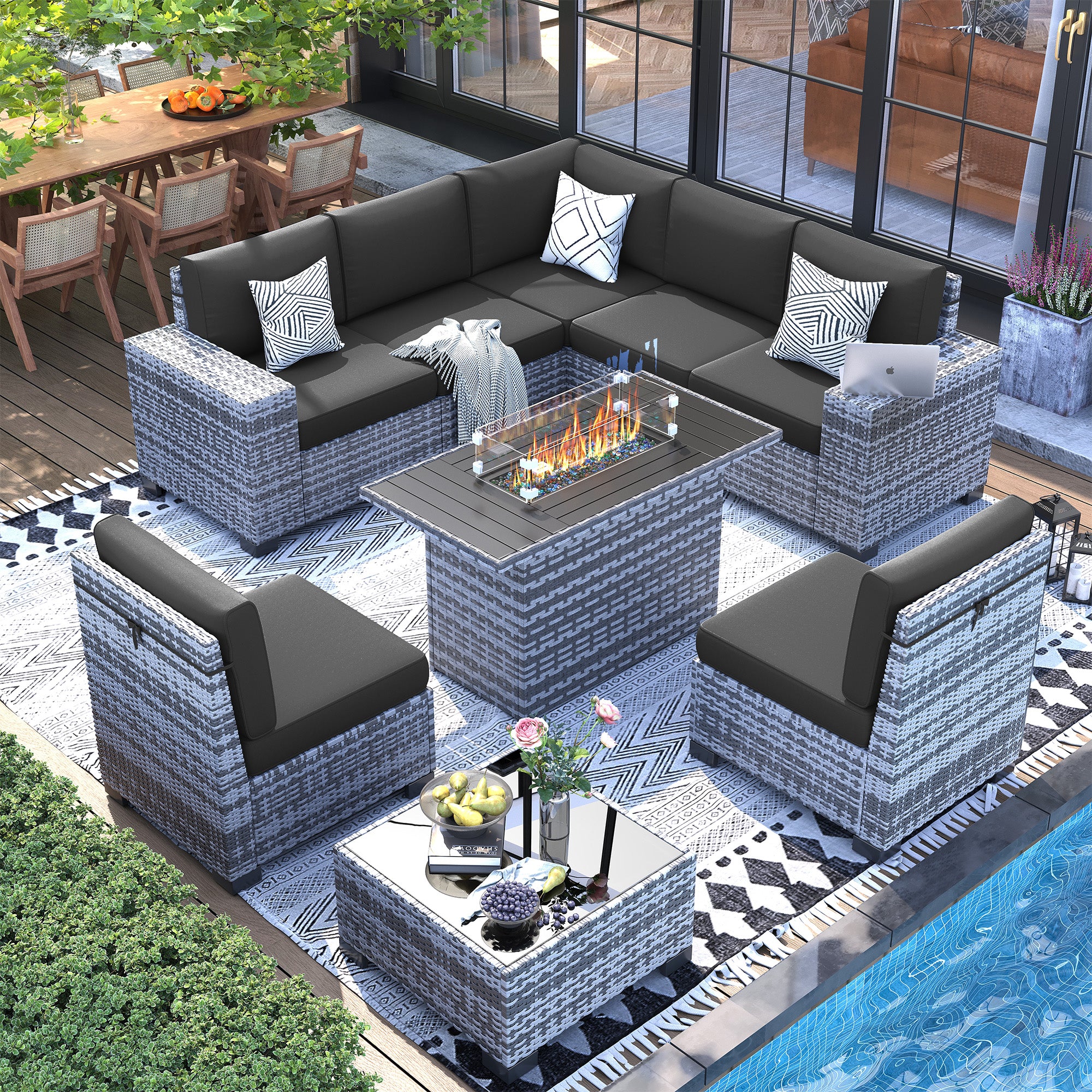 UDPATIO 9 Piece Patio Furniture Set with Fire Pit Table, 8''Wide Armrest Modular Rattan Outdoor Sectional Sofa Set,Wicker Patio Conversation Sets for Backyard,Deck w/ 4'' Cushions,Cover(Grey/Black)