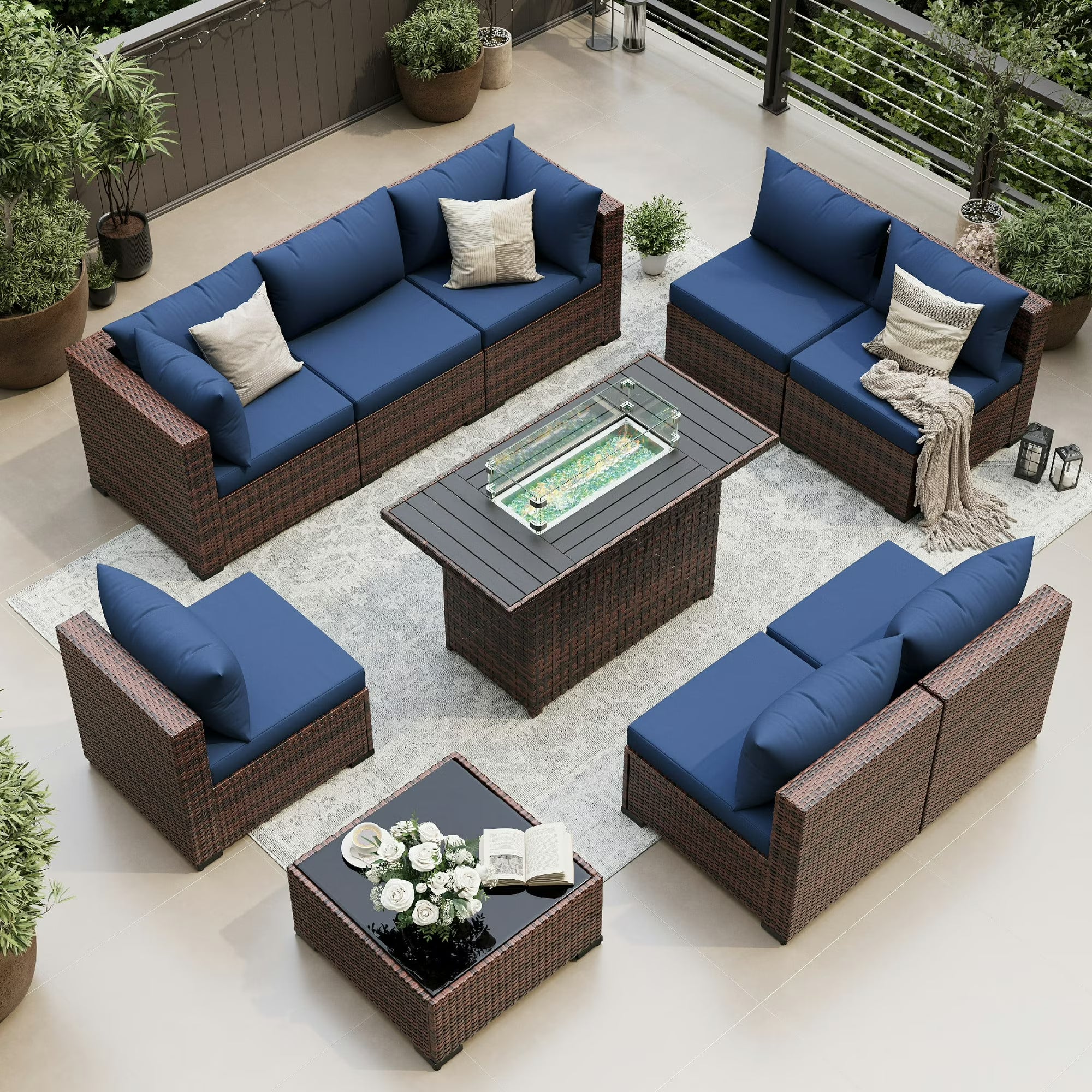 UDPATIO Patio Furniture Sets, Modular Rattan Outdoor Patio Sectional Furniture with 44" Fire Pit Table,, Wicker Patio Conversation Set for Backyard, Deck, Poolside w/Glass Coffee Table, 9PC Navy Blue