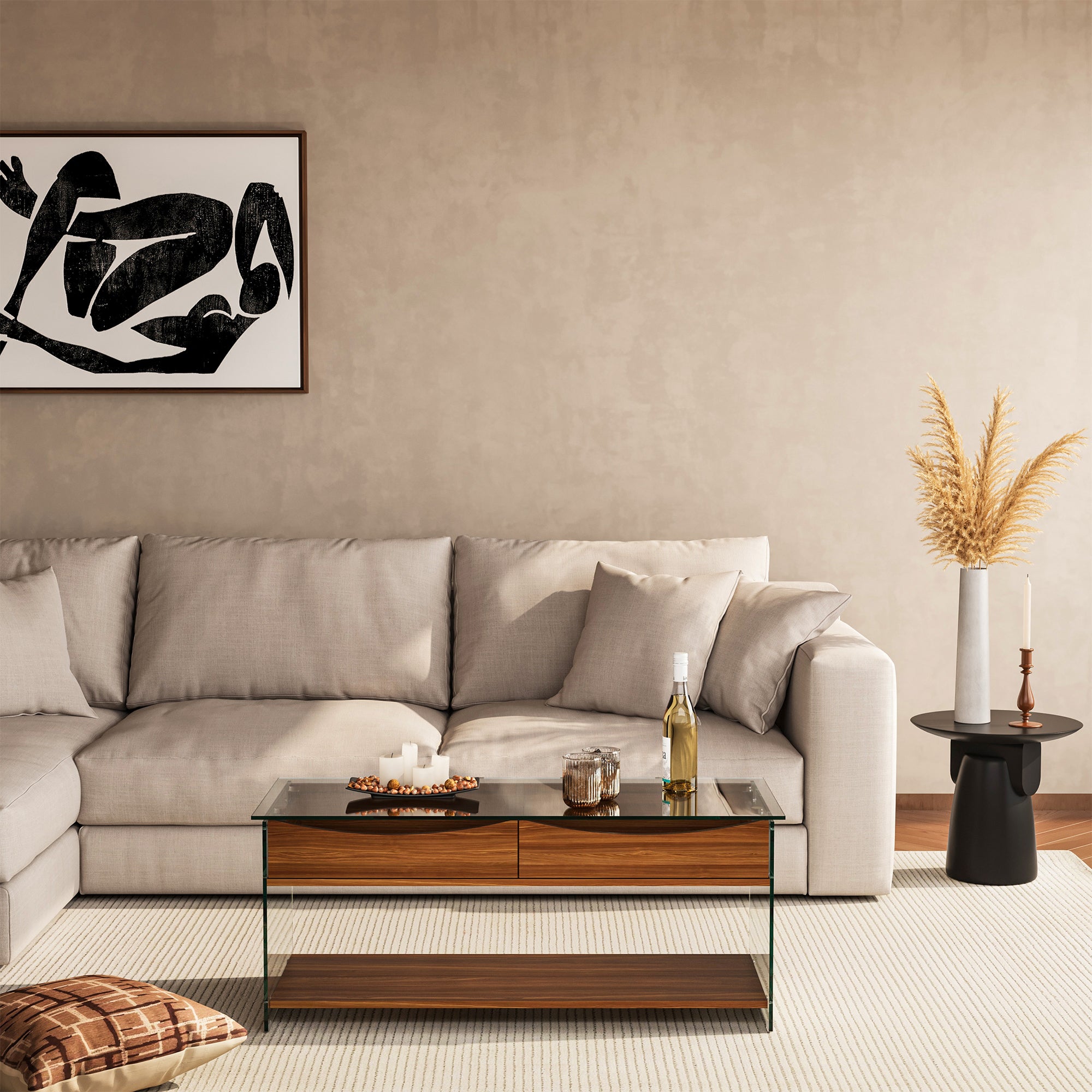 43'' W Rectangular Glass Coffee Table with Storage Drawers & Shelf Tempered Glass Top Walnut Finish Modern Center Table for Living Room