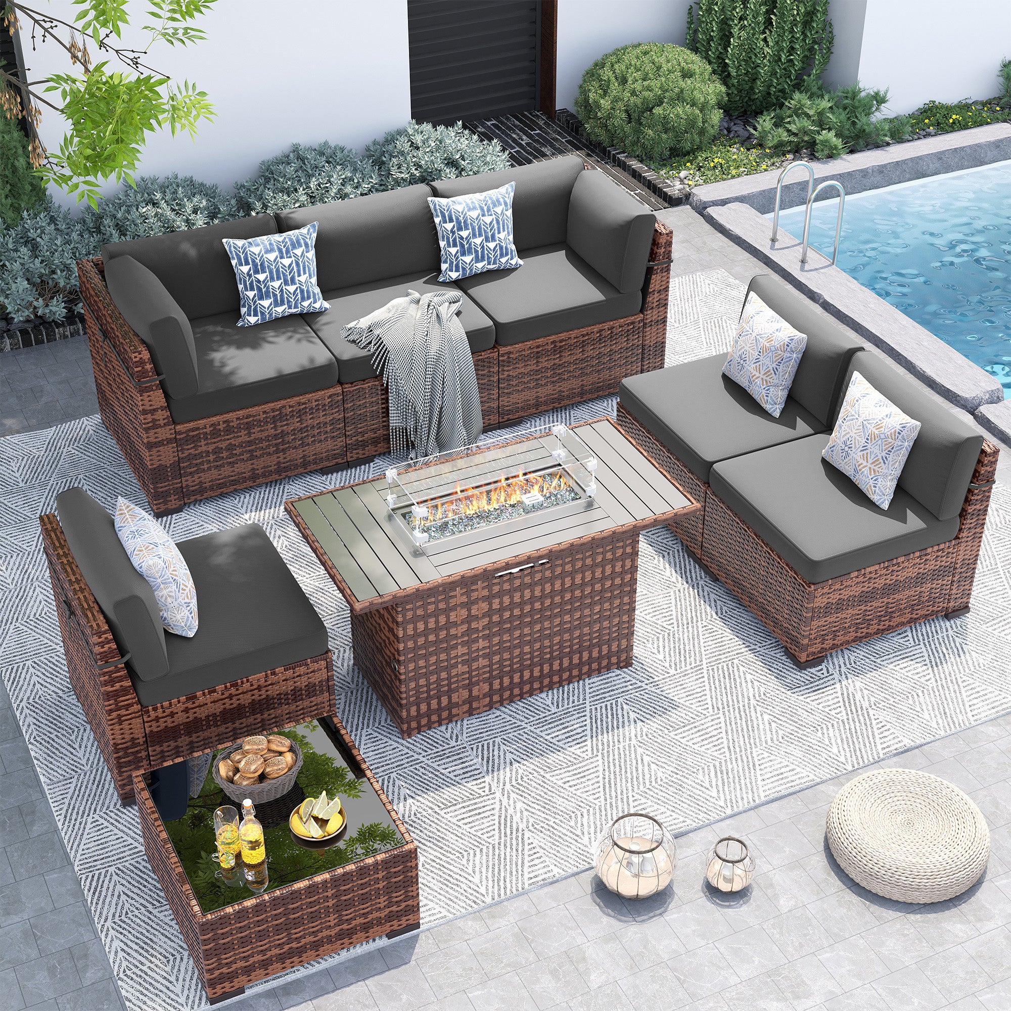 UDPATIO Patio Furniture Set With 44'' Fire Pit Table,Modular Outdoor Furniture Sets,Slanted Back Outdoor Sectional Conversation Set PE Rattan Sofa for Backyard W/Coffee Table,4'' Cushions,8 PCS