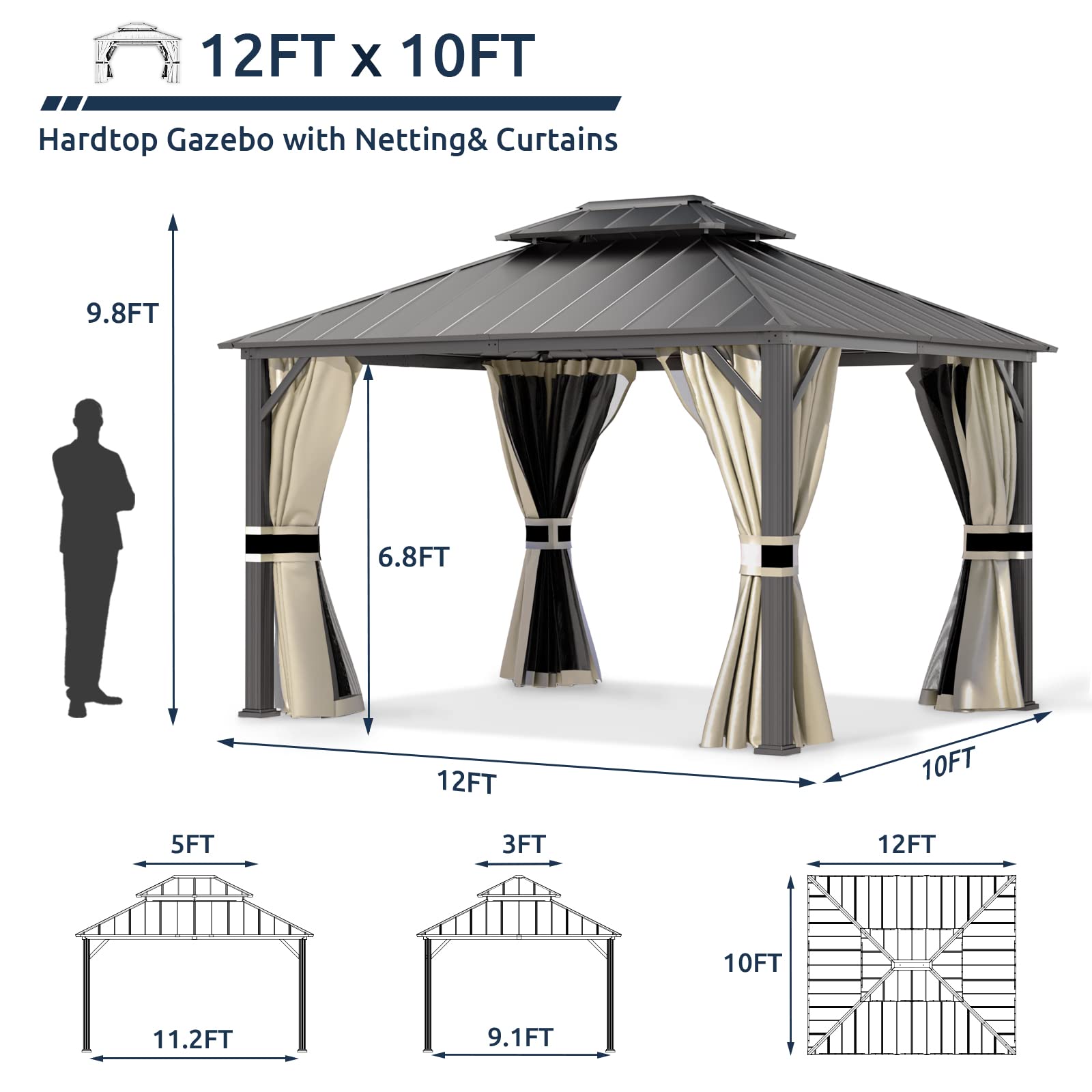Hardtop Gazebo, Outdoor Aluminum Gazebo with Galvanized Steel Double Roof